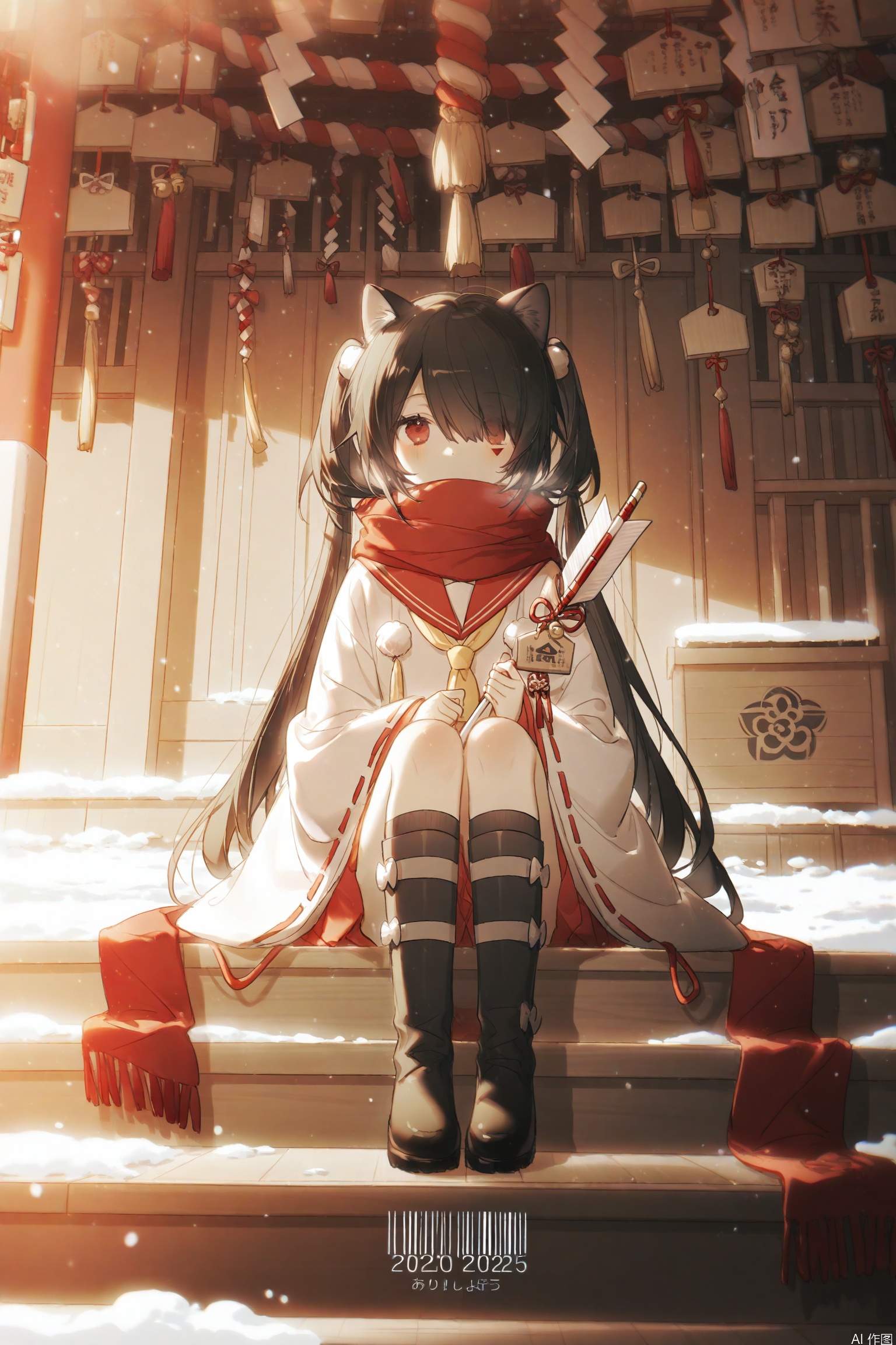 1girl, bell, solo, sitting, red eyes, black hair, long hair, hair over one eye, ema, scarf, red scarf, shrine, stairs, jingle bell, box, sitting on stairs, snow, miko, snowing, barcode, boots, donation box, long sleeves, tassel, winter, socks, wide sleeves, scarf over mouth, shide, japanese clothes, covered mouth, pom pom (clothes), rope, looking at viewer, black footwear, outdoors, very long hair, new year, blurry, kneehighs, sunlight, shimenawa, hair ornament, ribbon-trimmed sleeves, dated, lantern, ribbon trim, full body, one eye covered, depth of field, holding, black socks, ribbon, neckerchief, sleeves past wrists, skirt, tattoo, twintails, facial mark, artist name, knees up, hamaya, happy new year, light particles, torii, knee boots, sailor collar, talisman, animal ears, red ribbon, hair bell, day, east asian architecture