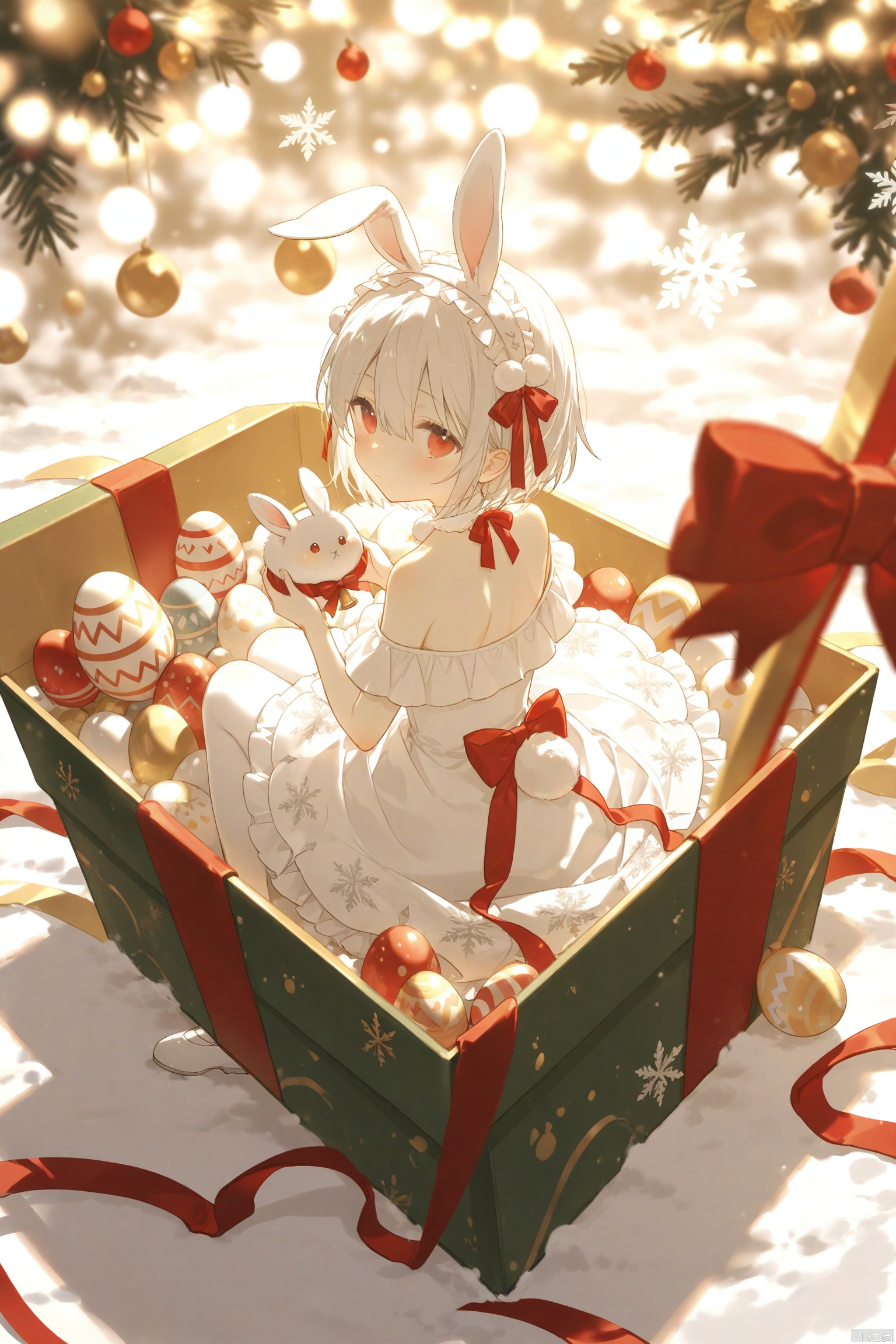 loli, 1girl, snow rabbit, red eyes, animal ears, solo, snowflakes, dress, rabbit ears, sitting, white hair, white dress, rabbit, pantyhose, looking at viewer, christmas ornaments, bow, red bow, short hair, holding, white choker, white pantyhose, gift, rabbit tail, looking back, tail, pom pom (clothes), white footwear, box, closed mouth, christmas, ribbon, hairband, red ribbon, hair bow, blush, white hairband, backless dress, animal, rabbit girl, from above, pleated dress, hair ornament, headdress, hair between eyes, backless outfit, from behind, christmas lights, full body, bell, food, easter egg, choker, ballet slippers, frilled hairband, holding animal, shoes, frilled dress, layered dress, gift box, back bow, blurry, easter, frills, snow, fake animal ears, snowflake background, depth of field, bare shoulders, off-shoulder dress, sleeveless dress, pom pom hair ornament, looking up, snowflake print, hair ribbon
