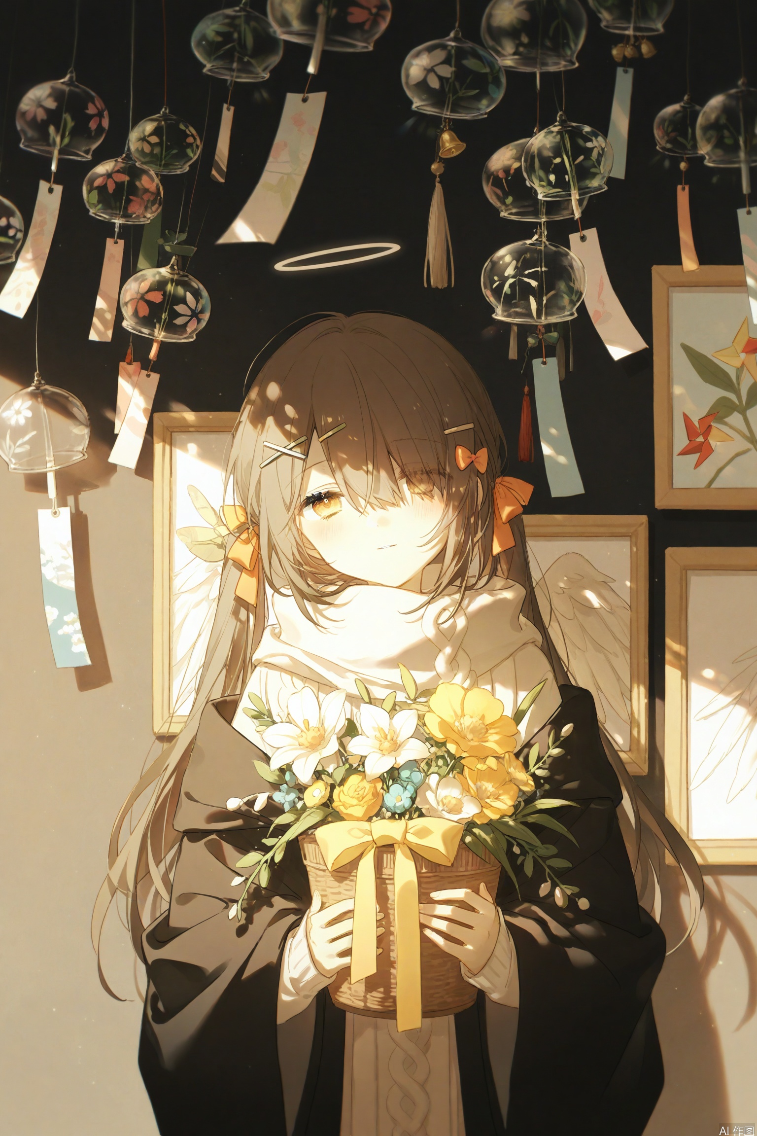 wind chime, 1girl, solo, flower, feathers, pinwheel, yellow flower, white scarf, long hair, light particles, holding, picture frame, scarf, upper body, white flower, hairclip, hair ornament, bow, brown hair, bouquet, looking at viewer, hair bow, long sleeves, lily (flower), flower pot, shade, hair between eyes, orange bow, purple flower, black coat, coat, basket, closed mouth, wings, white wings, feathered wings, smile, angel wings, vase, brown eyes, white feathers, tassel, blue flower, half-closed eyes, holding bouquet, indoors, plant, potted plant, bell, clothes pin, sunlight, yellow bow, orange flower, leaf, shadow, window shade, photo (object), holding basket, falling feathers, sweater, head tilt, white sweater, pink flower, straight-on, shirt, one eye covered, yellow eyes, ribbon, light rays, feather hair ornament, drawing (object), parted lips, light smile, sidelighting, white shirt, ornament, expressionless, off shoulder, open coat, black jacket, angel, dappled sunlight, orange ribbon, light, sleeves past wrists, hairpin, blurry, grey hair, hair over one eye, yellow ribbon, frills, sunflower, bucket, robe, sidelocks, jacket, portrait (object), painting (object), lens flare, open clothes, wide sleeves, light bulb, yellow rose, hair ribbon, single off shoulder, glint, flower knot, depth of field, hair flower, red flower, x hair ornament, dark, bulletin board, shawl, japanese clothes, shelf, facing viewer, white lily, tape, layered clothes, floral print, jingle bell, x, black robe, lantern, standing, glowing, blush, multiple hair bows, holding flower, morning glory, squinting, graduation, day, carrying, floating hair