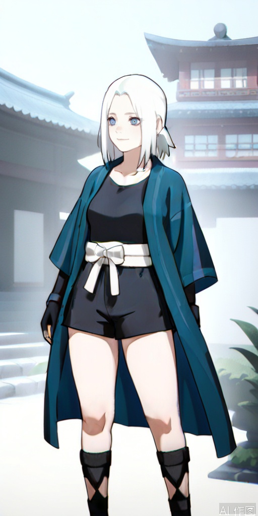 masterpiece,best quality, high quality, extremely detailed CG unity 8k wallpaper, extremely detailed, anime style,masterpiece,best quality,amazing quality,very aesthetic,absurdres,newest,scenery, amazing quality, very aesthetic, absurdres, newest
narutoseries,buzhidao228 style,wuyinoc,1girl,white background,simple background,sidelock,medium hair,(white hair),short ponytail,forehead, looking aside,shirt,closed mouth,collarbone, cowboy shot, small breasts,casual shorts, (purple eyes),black ninja sandals,ninja,fingerless gloves, shirt,haori,nice foot,smiling,layered sleeves,standing,ines/(arknights/),nice hands, 