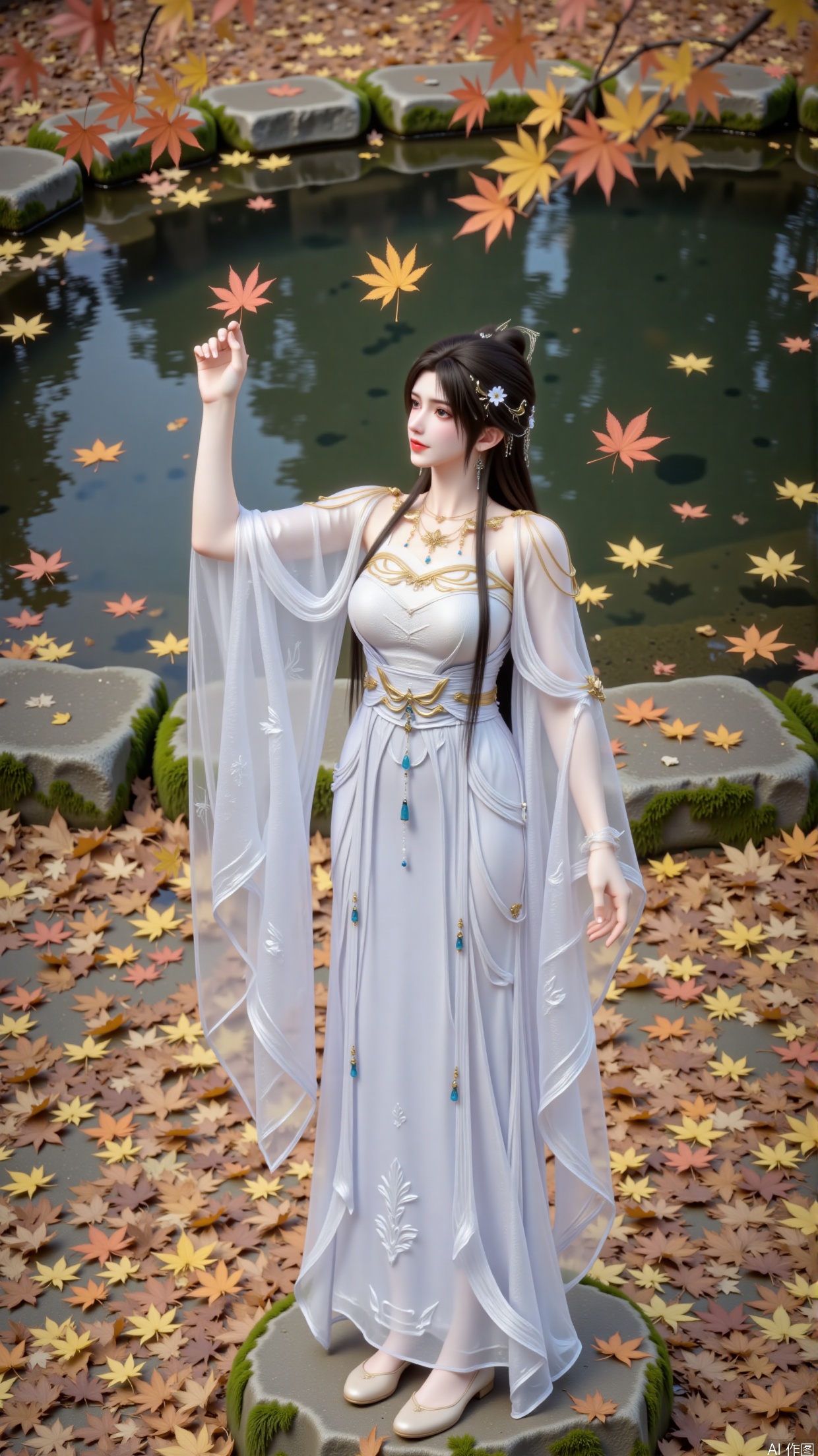 Maple tree. The pool. Clear and transparent water. A stone covered in moss. Clear and transparent water. Maple leaves float on the water surface.
Action: She stands on a stone. Moss grows all over the stones. This lady's posture is elegant and full of vitality. She gently raised her hands and touched the maple leaves falling in the air. This action not only showcases the softness of the woman, but also seems to interact with the falling maple leaves, as if feeling the scent of autumn, giving a sense of agility and elegance, as if she will fly with the autumn wind and fallen leaves in the next moment.
A young and beautiful woman, aged between 18-25, with delicate facial features.
-Hairstyle: Long, glossy black hair. Carefully combing a simple bun on top of the head, paired with delicate and small hair accessories, white flower shaped ornaments are interspersed between the hair, adding a touch of freshness and elegance, complementing the overall look. Silver hair crown.
-Clothing: Wearing a white strapless dress. The top is in a strapless style, with a gauze shawl draped over the shoulders and exquisite patterns. Wide sleeves. The waist is wrapped in a golden belt, highlighting the slender waistline. The belt is decorated with blue pendants and tassels, adding flexibility. The lower skirt has rich layers.
-Color makeup: thick makeup is beautiful, eyebrows are as thin as willows, eye makeup is elegant, and light eye shadow highlights the brightness and spirit of the eyes. Pink and natural lip color, clean facial makeup.
Wide sleeves.
-Decoration: necklace, belt. Earrings.
Light colored single mouth flat shoes with a simple upper and delicate golden lines on the edges.
-High resolution, with realistic light and shadow effects, natural transitions between highlights and shadows.
Background: The ground is covered with layers of fallen leaves, ranging from dry yellow to orange red, with rich and natural colors, as if a magnificent carpet laid by nature. A few maple leaves are still falling from the sky, further enhancing the atmosphere of autumn. These fallen leaves and falling maple leaves not only serve as a backdrop, highlighting the beauty of the woman, but also complement her clothing colors and movements, creating a beautiful, romantic, and slightly melancholic atmosphere, as if telling a story of autumn.