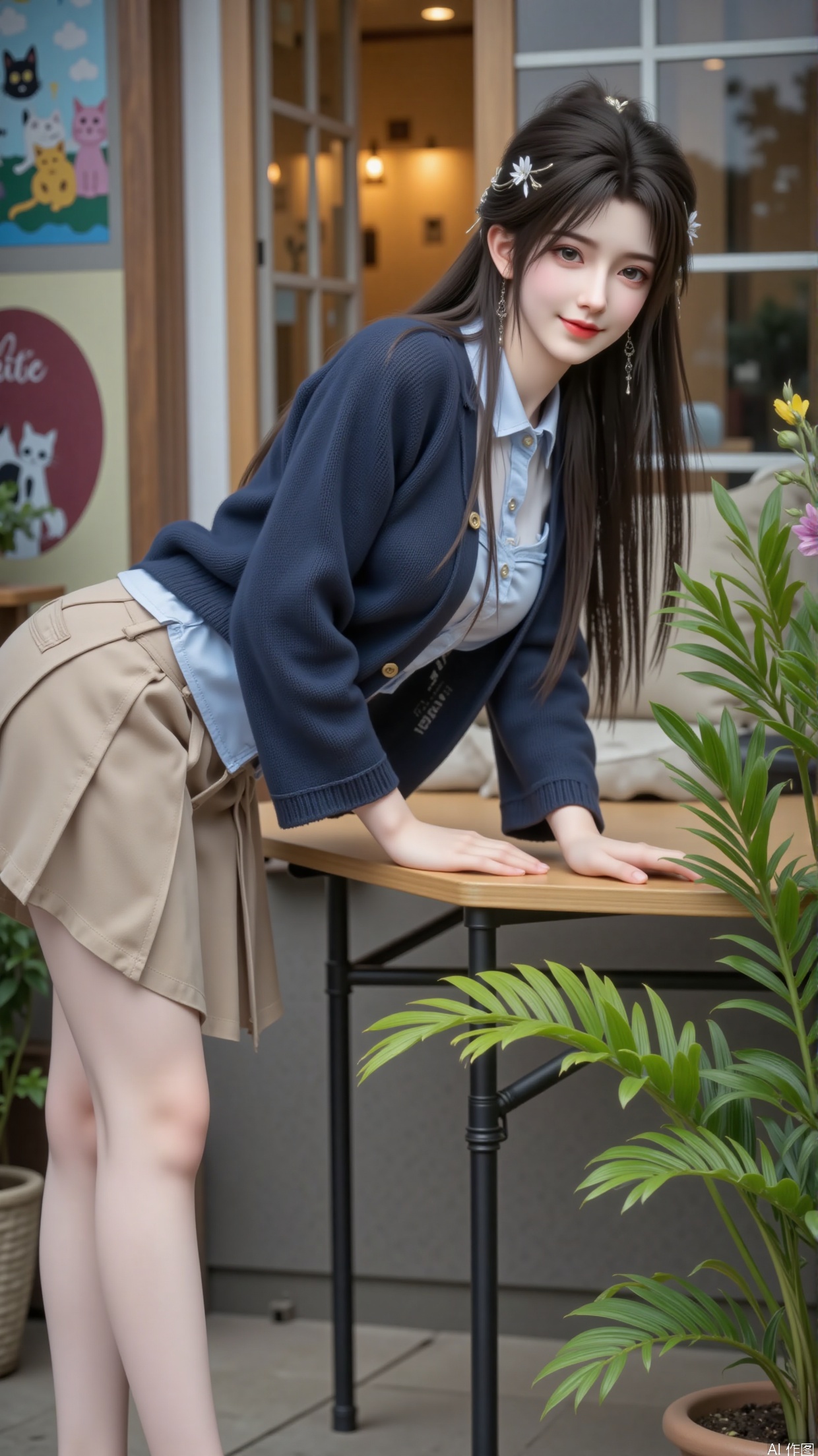 - Overall: Presents a youthful, fashionable and cozy atmosphere, making the picture feel comfortable and beautiful.
- Art Style: Tends to be realistic. The depiction of the character and the scene is delicate and lifelike, with soft and natural colors, full of a sense of life.
- Composition: The character is positioned slightly to the right of the center of the picture, forming a visual focus. The background on the left and the foreground elements such as the tabletop and green plants balance the picture, resulting in a harmonious composition.
- Character's Posture: Leaning sideways on the table with the body slightly bent, the posture is elegant and relaxed, showing a casual sense of beauty.
- Viewing Angle: Shot from a平视(eye - level) angle, it gives a sense of intimacy and naturalness, as if the viewer is interacting with the character on - site.
- Expression: Wearing a smile, with bright and gentle eyes, conveying a sweet and joyful mood.
- Hairstyle: Long, shiny black hair falls naturally, adding a gentle temperament and enhancing the facial lines.
- Movement: Both hands rest on the edge of the table to support the body. The movement is natural and smooth, fully demonstrating youthful vitality.
- Clothing: Wears a light blue shirt as an inner layer, a dark blue knitted cardigan on the outside, and a khaki pleated short skirt, which is overall an academic - style outfit, fresh and age - reducing.
- Makeup: The makeup is delicate. The natural base makeup is paired with light pink - series eyeshadow, blush, and lip makeup, highlighting a healthy complexion and emphasizing the brightness of the eyes, highlighting a sweet and fresh feeling.
- Matching: The colors of the clothing match harmoniously. The light and dark colors set each other off, showing the fashion taste of a young girl.
- Decoration: There is a small and exquisite brooch on the knitted cardigan as an embellishment, simple yet refined.
- Background: There is a colorful cat mural, combined with glass doors and windows and the blurred warm - toned lights indoors. The foreground has green plants and flowers, creating a warm and literary atmosphere.
- Image Quality: The image is clear with rich details. The textures of the character and the scenery can be clearly presented, and the color reproduction is high.