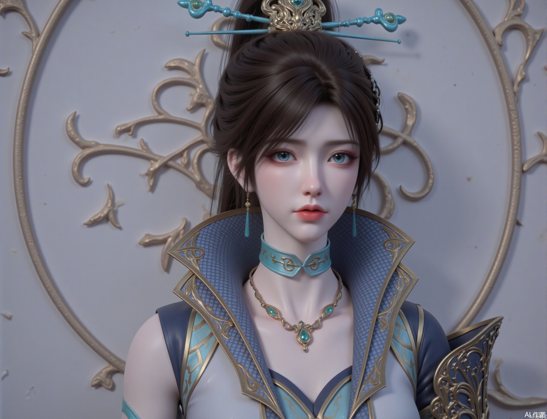 zichu-qinglin,The image depicts a character with short black hair styled in an elegant manner, adorned with intricate blue and gold accessories. The character has striking blue eyes and is wearing a detailed outfit that includes a high-collared garment with gold and turquoise embellishments. The background features a circular pattern with ornate designs, possibly inspired by traditional or fantasy art styles. The overall aesthetic suggests a blend of traditional and fantastical elements.