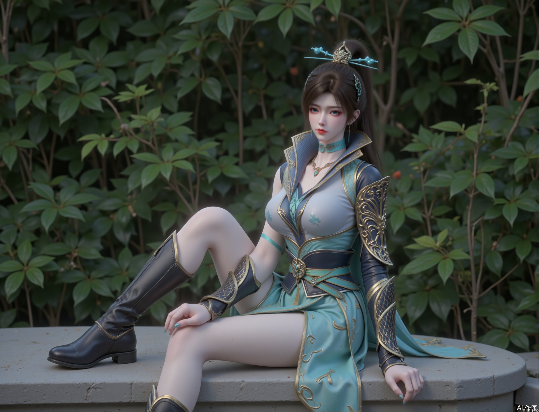 "This image depics a woman with her hair tied into a high ponytail, with a turquoise hairpin and a snake-like headdress. He has blue eyes and pink lips, blush on his face, delicate makeup and three-dimensional facial features
She wore in sophisticated armor and black boots, and her outfit consistent mainly of blue and turquoise tones, with golden details accentuating the armor parts. The armor consists of a turtleneck corset, armored handguards and a flowing dress-like outfit, colored and wound a necklace.
This is her full body, her whole body, legs and feet are displayed.
She sat sideways on the edge of a platform, gently resting her hand on the clothes on her shoulders, her head slightly turned to face the camera, her eyes soft, showing a gentle and quiet posture, giving people a graceful and natural feeling.
Soft natural light is used, and the light is evenly spread on the character without obvious shadows, making the character's face and clothing details clearly visible, creating a warm and comfortable atmosphere.
It is a realistic style, and the facial details, clothing textures and hair of the characters are portrayed in a highly detailed manner. The texture is excellent, the picture is real and three-dimensional.
The background is lush green plants, which adds a natural and fresh atmosphere to the entire picture, forming a harmonious contrast with the characters' clothing and postures, highlighting the characters' image, and also enriching the picture level.