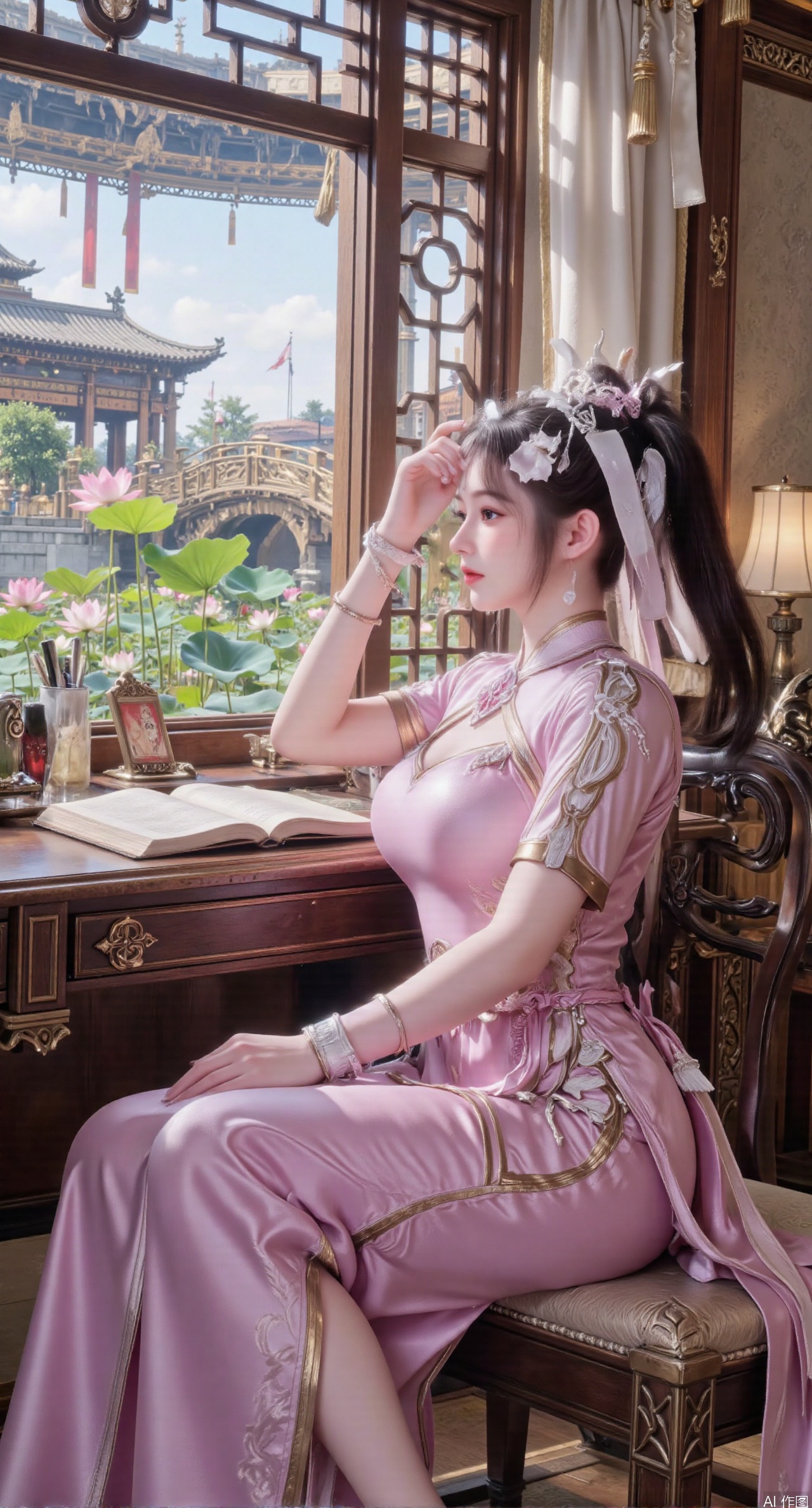 SFW,(masterpiece, best quality:1.2),1girl, solo, long dress,Ancient princess's boudoir with bright color palette,,(huge breasts:2.39),(full breasts:2.39), Hanfu-clad maiden sitting by latticed window desk in romantic daydreaming posture, classical Chinese garden through window showcasing lotus pond filled with blooming pink and white lotuses, delicate ink-wash painting style, interior featuring rosewood furniture with mother-of-pearl inlay, silk curtains fluttering in breeze, porcelain stationery set on desk, distant view of curved bridges and pavilions in garden, ultra HD rendering with crisp details on embroidered garments and translucent lotus petals,,(huge breasts:2.99),(full breasts:2.99),,,XanmiaoyiY,XhuolingerHHY,XwangqiuerKQW,Xxuenv,Xnanqiuqiu