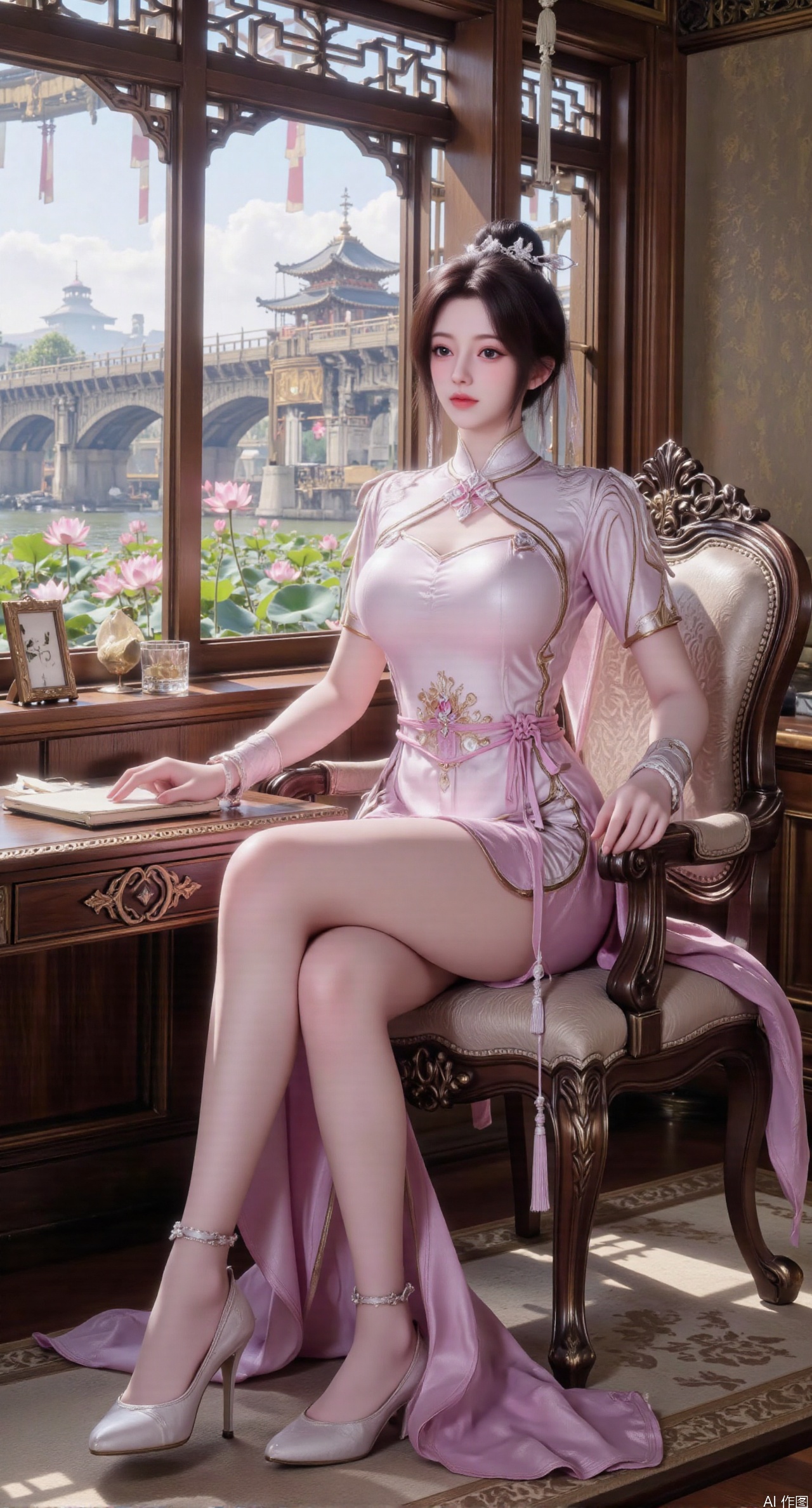 SFW,(masterpiece, best quality:1.2),1girl, solo, long dress,Ancient princess's boudoir with bright color palette,,(huge breasts:2.39),(full breasts:2.39), Hanfu-clad maiden sitting by latticed window desk in romantic daydreaming posture, classical Chinese garden through window showcasing lotus pond filled with blooming pink and white lotuses, delicate ink-wash painting style, interior featuring rosewood furniture with mother-of-pearl inlay, silk curtains fluttering in breeze, porcelain stationery set on desk, distant view of curved bridges and pavilions in garden, ultra HD rendering with crisp details on embroidered garments and translucent lotus petals,,(huge breasts:2.99),(full breasts:2.99),,,XanmiaoyiY,XhuolingerHHY,XwangqiuerKQW,Xxuenv,Xnanqiuqiu