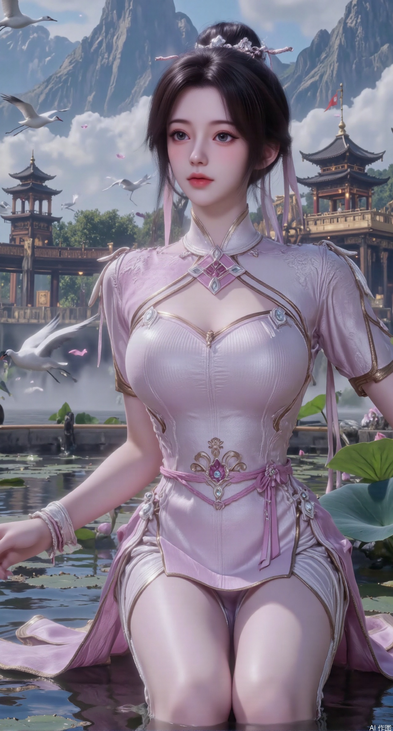 SFW,(masterpiece:1.2),best quality,1girl,solo,long hair,long dress,celestial maiden in flowing tulle gown levitates above lotus pond, ethereal mist trails from hair ribbons, mythical Penglai paradise emerges through clouds with glowing pavilions, translucent bioluminescent lotus blooms, flock of cranes gliding over water surface, ultra HD with soft 3D rendering, morning light filters through mist, falling petal rain, intricate details on scale-patterned fabric and lotus veins.(huge breasts:2.99),(full breasts:2.99),XanmiaoyiY,XhuolingerHHY,XwangqiuerKQW,Xxuenv,Xnanqiuqiu