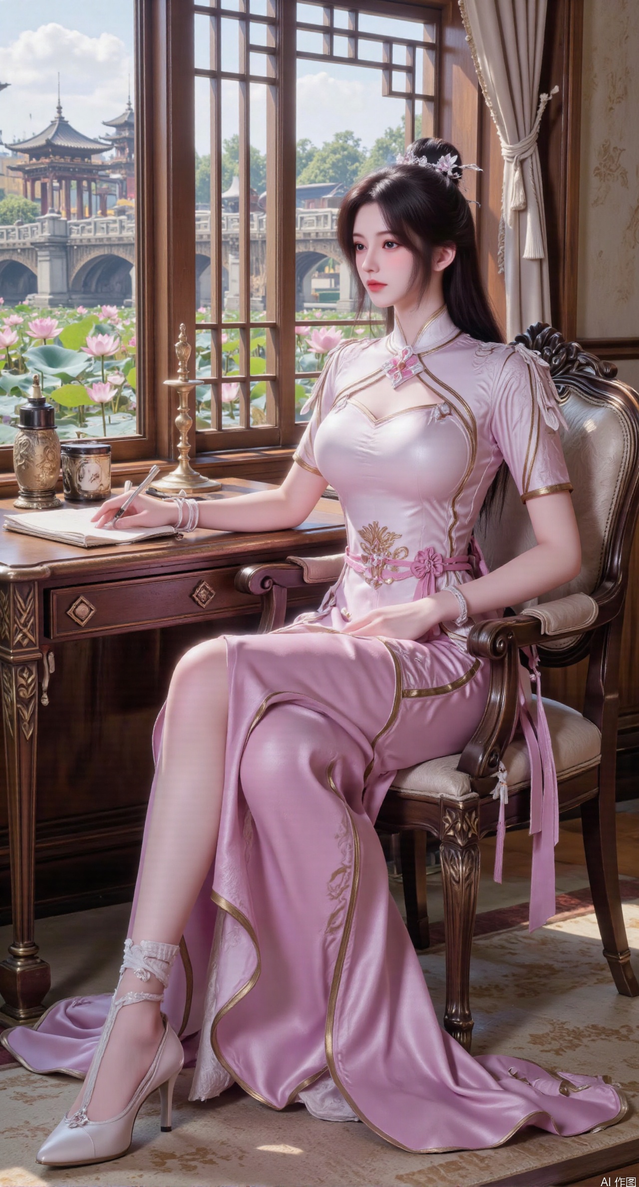 SFW,(masterpiece, best quality:1.2),1girl, solo, long dress,Ancient princess's boudoir with bright color palette,,(huge breasts:2.39),(full breasts:2.39), Hanfu-clad maiden sitting by latticed window desk in romantic daydreaming posture, classical Chinese garden through window showcasing lotus pond filled with blooming pink and white lotuses, delicate ink-wash painting style, interior featuring rosewood furniture with mother-of-pearl inlay, silk curtains fluttering in breeze, porcelain stationery set on desk, distant view of curved bridges and pavilions in garden, ultra HD rendering with crisp details on embroidered garments and translucent lotus petals,,(huge breasts:2.99),(full breasts:2.99),,,XanmiaoyiY,XhuolingerHHY,XwangqiuerKQW,Xxuenv,Xnanqiuqiu