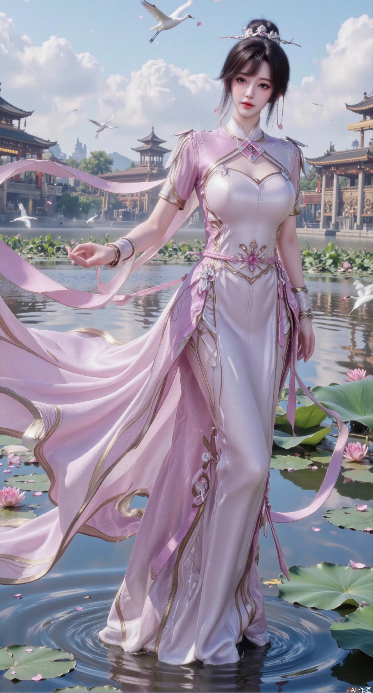 SFW,(masterpiece:1.2),best quality,1girl,solo,long hair,long dress,celestial maiden in flowing tulle gown levitates above lotus pond, ethereal mist trails from hair ribbons, mythical Penglai paradise emerges through clouds with glowing pavilions, translucent bioluminescent lotus blooms, flock of cranes gliding over water surface, ultra HD with soft 3D rendering, morning light filters through mist, falling petal rain, intricate details on scale-patterned fabric and lotus veins.(huge breasts:2.99),(full breasts:2.99),XanmiaoyiY,XhuolingerHHY,XwangqiuerKQW,Xxuenv,Xnanqiuqiu