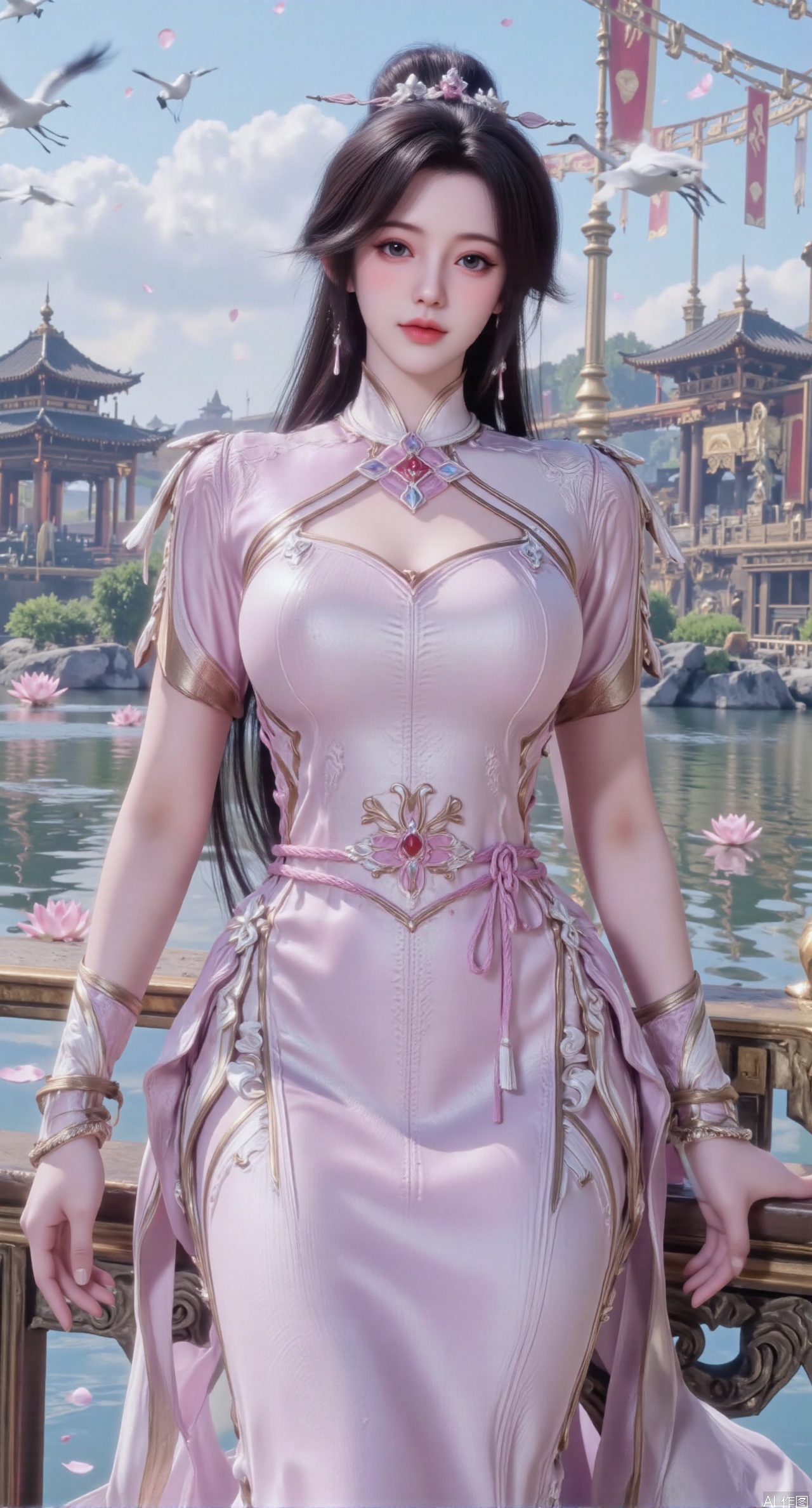 SFW,(masterpiece:1.2),best quality,1girl,solo,long hair,long dress,celestial maiden in flowing tulle gown levitates above lotus pond, ethereal mist trails from hair ribbons, mythical Penglai paradise emerges through clouds with glowing pavilions, translucent bioluminescent lotus blooms, flock of cranes gliding over water surface, ultra HD with soft 3D rendering, morning light filters through mist, falling petal rain, intricate details on scale-patterned fabric and lotus veins.(huge breasts:2.99),(full breasts:2.99),XanmiaoyiY,XhuolingerHHY,XwangqiuerKQW,Xxuenv,Xnanqiuqiu