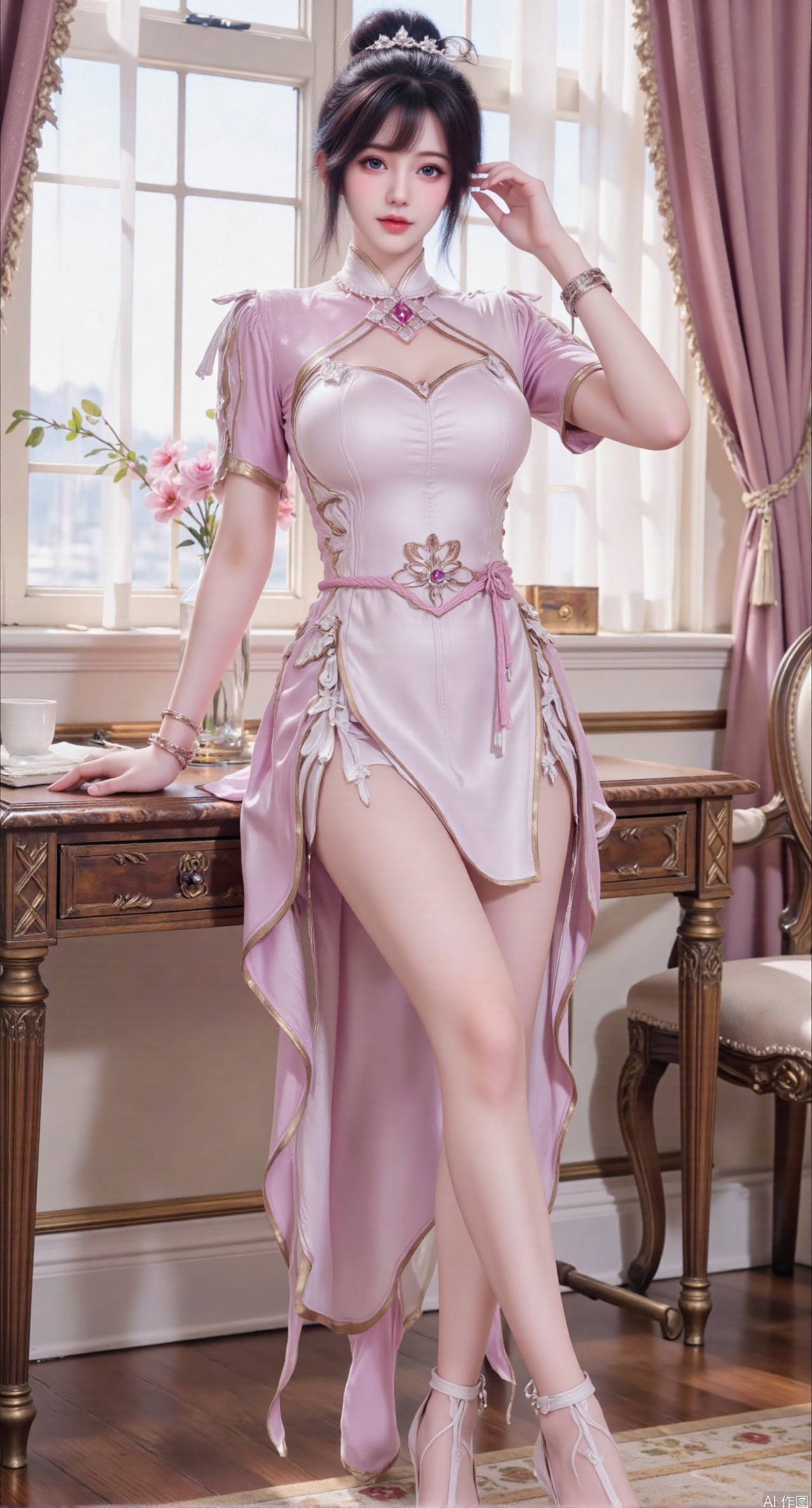 Ultra clear, wallpaper, 8k, masterpiece, 1girl, solo, long hair, breasts, looking at viewer, bangs, large breasts,long dress,, bare shoulders, jewelry, black hair, standing, purple eyes, full body, flower, thighs, indoors, hair bun, long dress, high heels, cup, see-through, book, bare legs, window, table, white footwear, standing on one leg, curtains, pink flower, side slit, vase, ,(huge breasts:2.99),(full breasts:2.99),phone screen,XanmiaoyiY,XhuolingerHHY,XwangqiuerKQW,Xxuenv,Xnanqiuqiu