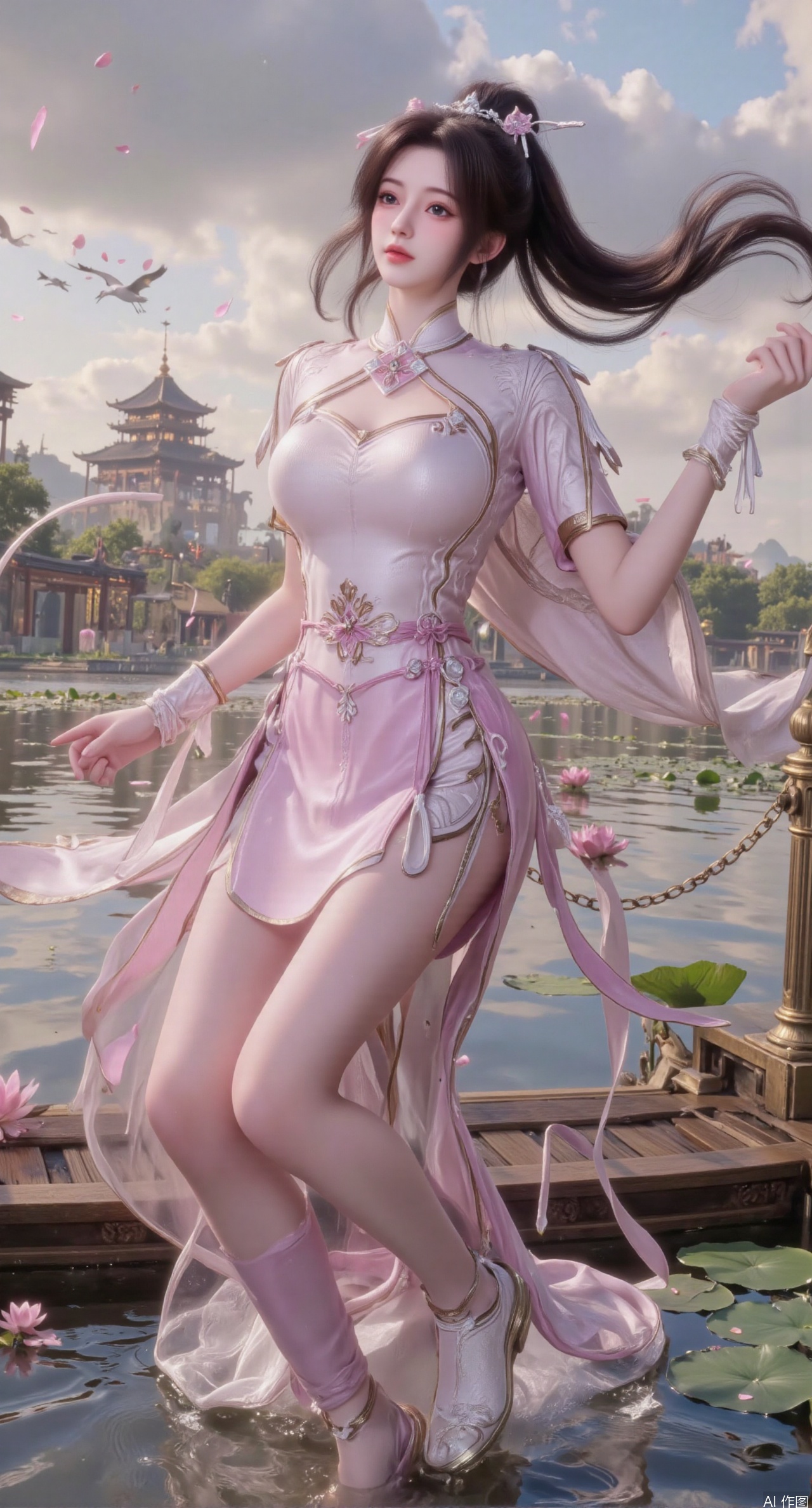 SFW,(masterpiece:1.2),best quality,1girl,solo,long hair,long dress,celestial maiden in flowing tulle gown levitates above lotus pond, ethereal mist trails from hair ribbons, mythical Penglai paradise emerges through clouds with glowing pavilions, translucent bioluminescent lotus blooms, flock of cranes gliding over water surface, ultra HD with soft 3D rendering, morning light filters through mist, falling petal rain, intricate details on scale-patterned fabric and lotus veins.(huge breasts:2.99),(full breasts:2.99),XanmiaoyiY,XhuolingerHHY,XwangqiuerKQW,Xxuenv,Xnanqiuqiu