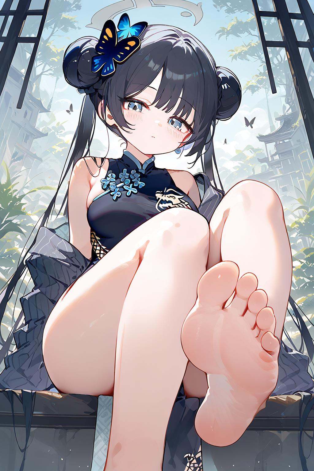 (score_9,score_8_up,score_7_up),<lora:Ryuge Kisaki(Blue Archiv)-v1:1.1>,Ryuge Kisaki(Blue Archive),blue eyes,1girl,solo,gloves,hair bun,black hair,double bun,china dress,chinese clothes,hair ornament,black gloves,long hair,looking at viewer,halo,bangs,butterfly hair ornament,blush,breasts,twintails,sleeveless,bare shoulders,half gloves,feet,soles,toes,long hair,breasts,looking at viewer,hair ornament,foot focus,bare legs,sitting,legs,braid,outdoors,bangs,very long hair,large breasts,bare shoulders,hair flower,thighs,pelvic curtain,sky,foreshortening,day,sleeveless,full body,detached sleevess,good feet,very beautiful,foreshortening,ultra hd 32k,anime,NSFW,expressive,