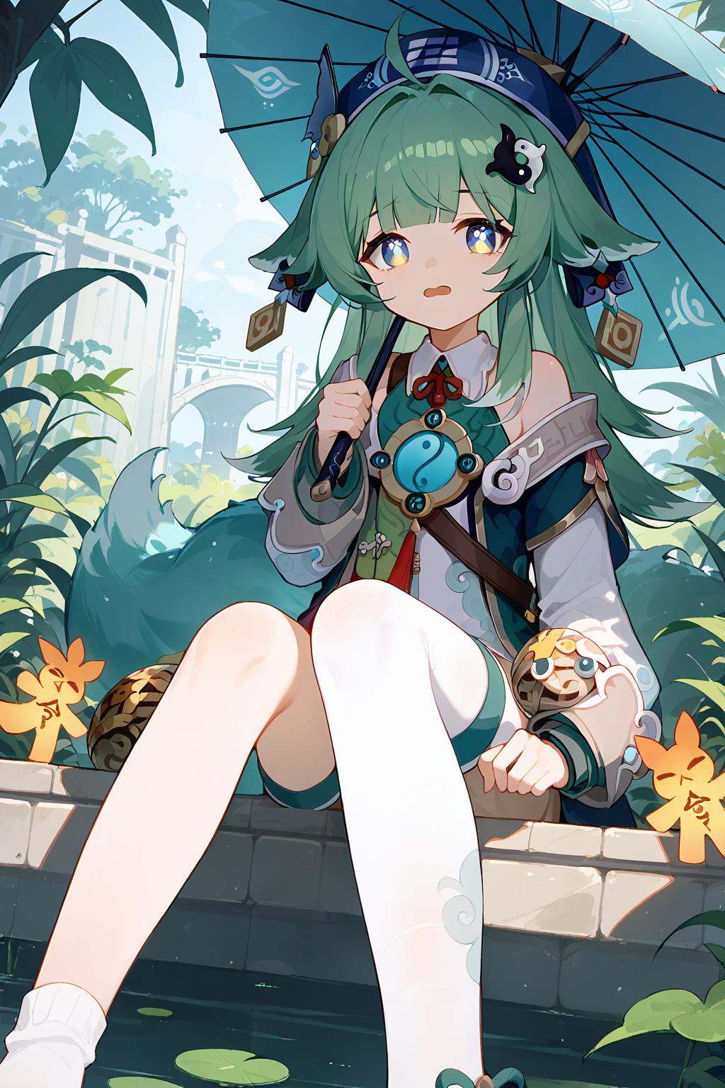 (score_9,score_8_up,score_7_up),<lora:HuoHuo(Honkai Star Rail)-v1-000008:1>,HuoHuo(Honkai: Star Rail),lily pad,1girl,solo,umbrella,oil-paper umbrella,hat,sitting,blue eyes,thighhighs,looking at viewer,tail,long hair,outdoors,bridge,socks,single thighhigh,good feet,long sleeves,open mouth,fox tail,anime,NSFW,expressive,amazing quality,ultra hd 32k,