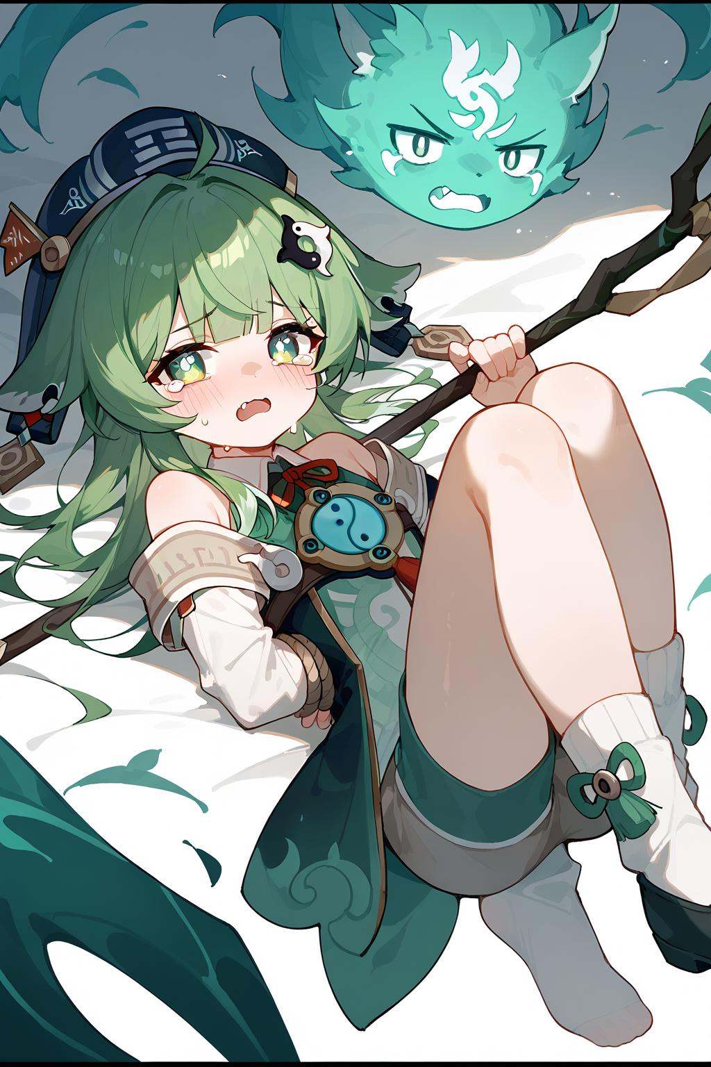 (score_9,score_8_up,score_7_up),<lora:HuoHuo(Honkai Star Rail)-v1-000008:0.8>,HuoHuo(Honkai: Star Rail),1girl,solo,green eyes,green hair,looking at viewer,open mouth,hair ornament,tears,fang,skin fang,bangs,black footwear,socks,letterboxed,shirt,shorts,bound,white socks,staff,ribbon,blush,lying,detached sleeves,crying,bound wrists,white background,long sleeves,neck ribbon,thighs,red ribbon,good feet,anime,NSFW,expressive,amazing quality,ultra hd 32k,