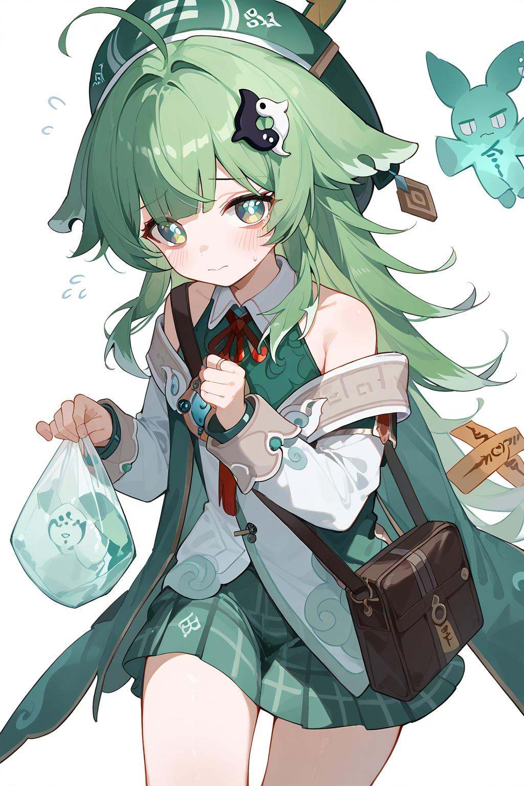(score_9,score_8_up,score_7_up),<lora:HuoHuo(Honkai Star Rail)-v1-000008:1>,HuoHuo(Honkai: Star Rail),1girl,green headwear,green hair,armband,green eyes,holding bag,bag,shirt,hat,skirt,long hair,white shirt,white background,solo,blush,beret,holding,collared shirt,green skirt,ahoge,bangs,long sleeves,hair ornament,red ribbon,closed mouth,jacket,flying sweatdrops,neck ribbon,ribbon,necktie,green jacket,feet out of frame,signature,plaid skirt,plastic bag,school uniform,plaid,looking at viewer,pleated skirt,off shoulderanime,NSFW,expressive,amazing quality,ultra hd 32k,