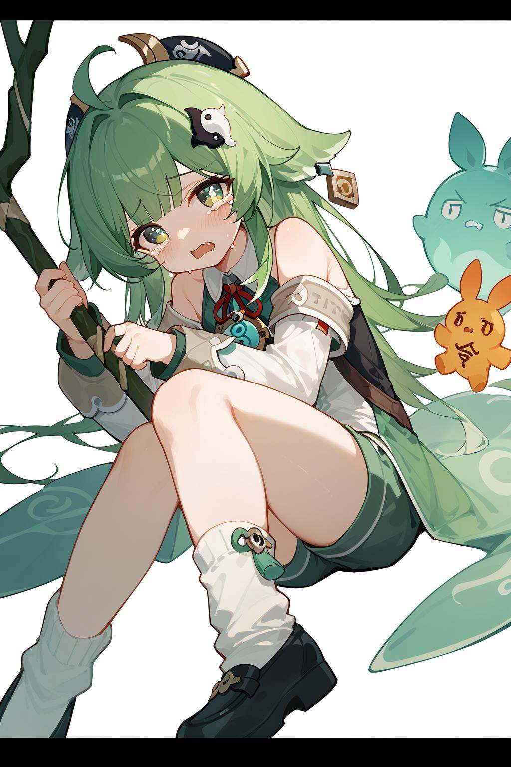 (score_9,score_8_up,score_7_up),<lora:HuoHuo(Honkai Star Rail)-v1-000008:0.6>,HuoHuo(Honkai: Star Rail),1girl,solo,green eyes,green hair,looking at viewer,open mouth,hair ornament,tears,fang,skin fang,bangs,black footwear,socks,letterboxed,shirt,shorts,bound,white socks,staff,ribbon,blush,lying,detached sleeves,crying,bound wrists,white background,long sleeves,neck ribbon,thighs,red ribbon,good feet,anime,NSFW,expressive,amazing quality,ultra hd 32k,
