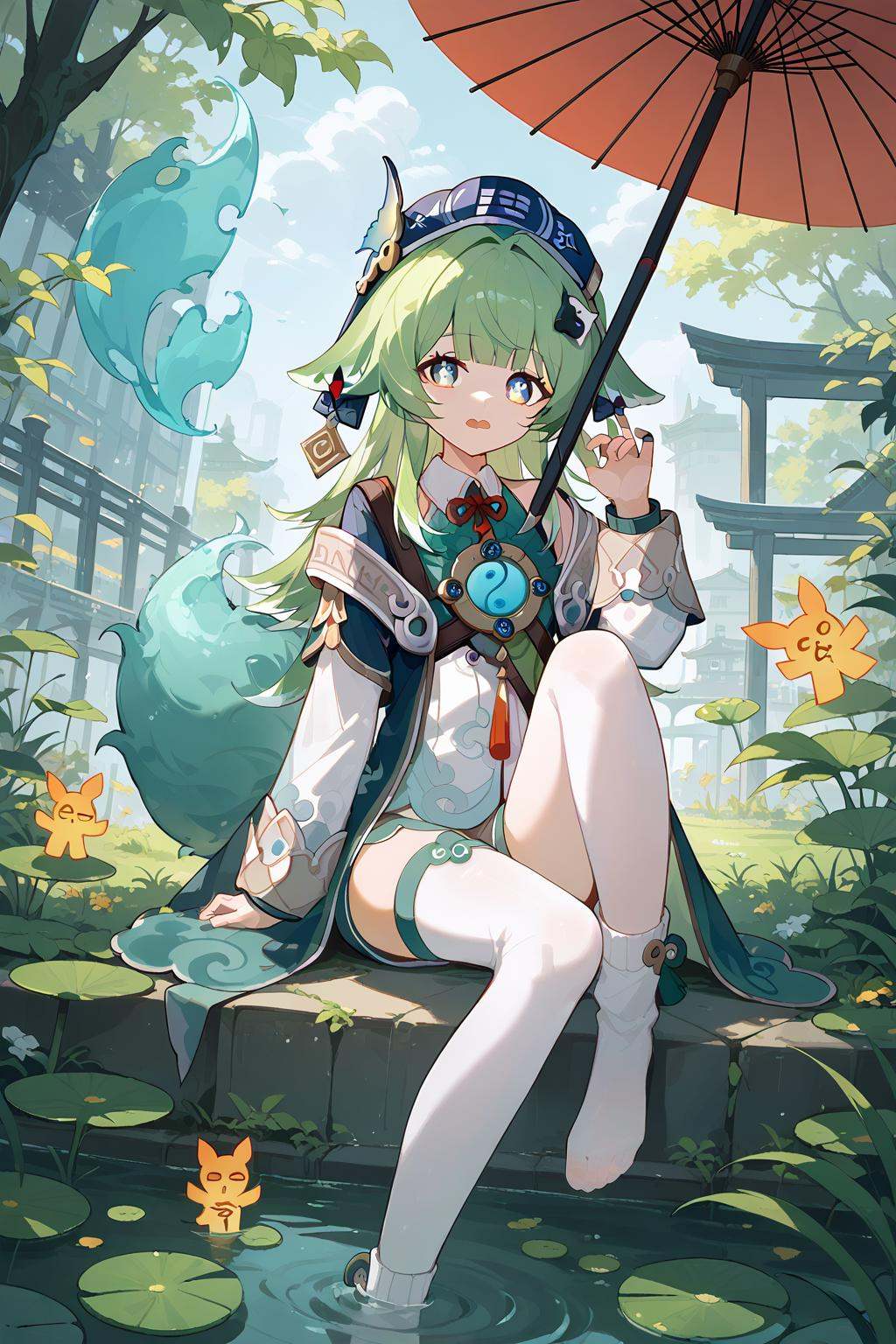 (score_9,score_8_up,score_7_up),<lora:HuoHuo(Honkai Star Rail)-v1-000008:1>,HuoHuo(Honkai: Star Rail),lily pad,1girl,solo,umbrella,oil-paper umbrella,hat,sitting,blue eyes,thighhighs,looking at viewer,tail,long hair,outdoors,bridge,socks,single thighhigh,good feet,long sleeves,open mouth,fox tail,anime,NSFW,expressive,amazing quality,ultra hd 32k,