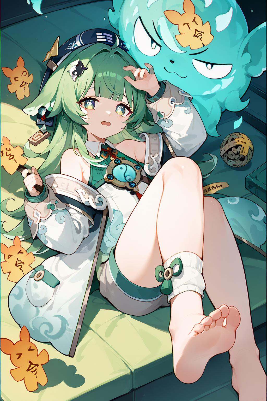(score_9,score_8_up,score_7_up),<lora:HuoHuo(Honkai Star Rail)-v1-000008:1>,HuoHuo(Honkai: Star Rail),1girl,chromatic aberration,green eyes,barefoot,solo,green hair,long hair,animal ears,bangs,long sleeves,arm up,open mouth,jacket,off shoulder,feet,holding,box,looking at viewer,shorts,bare shoulders,white jacket,shirt,socks,toes,sleeveless,on back,open clothes,open jacket,full body,blunt bangs,indoors,lying,good feet,bare legs,anime,NSFW,expressive,amazing quality,ultra hd 32k,