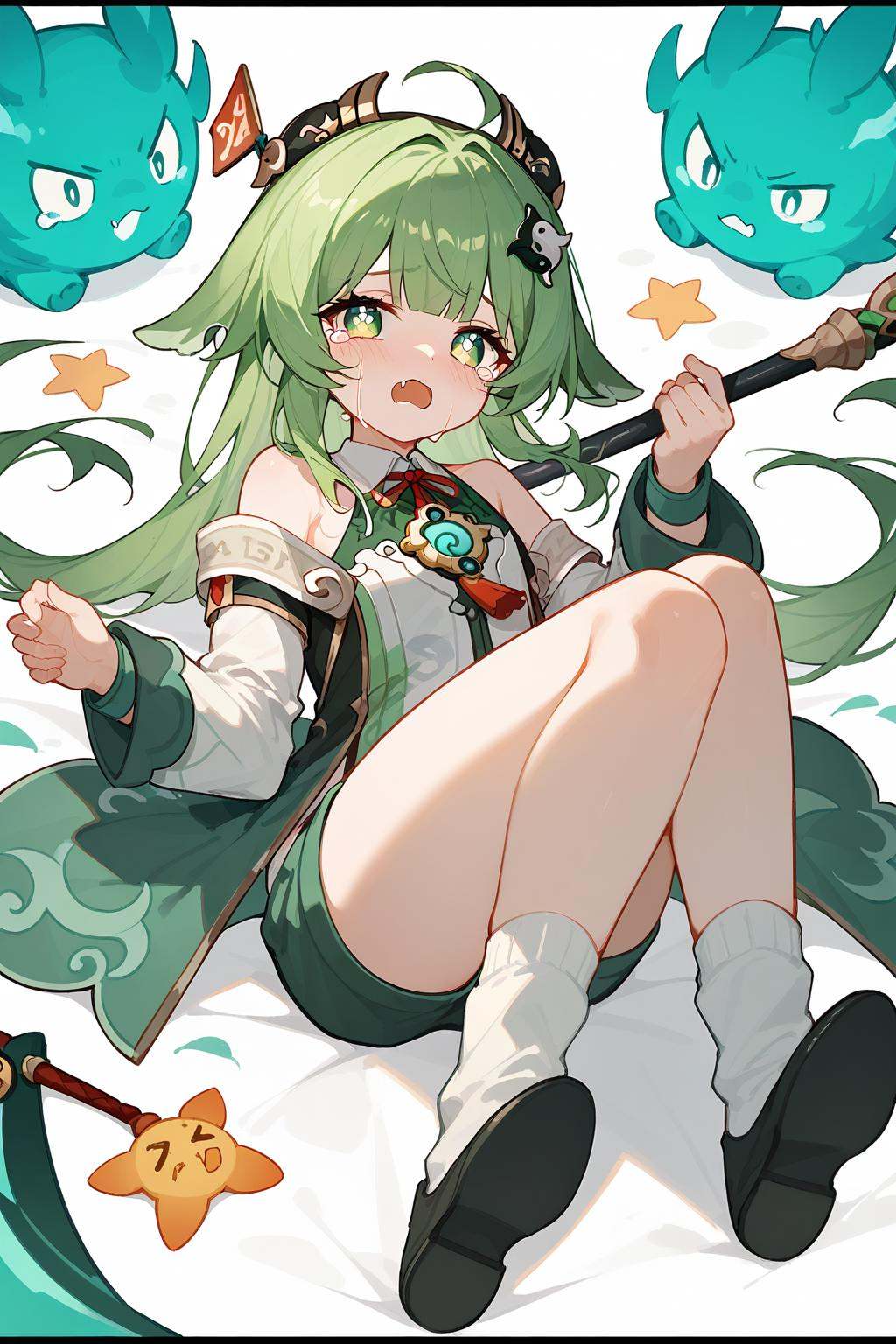 (score_9,score_8_up,score_7_up),<lora:HuoHuo(Honkai Star Rail)-v1-000006:0.6>,HuoHuo(Honkai: Star Rail),1girl,solo,green eyes,green hair,looking at viewer,open mouth,hair ornament,tears,fang,skin fang,bangs,black footwear,socks,letterboxed,shirt,shorts,bound,white socks,staff,ribbon,blush,lying,detached sleeves,crying,bound wrists,white background,long sleeves,neck ribbon,thighs,red ribbon,good feet,anime,NSFW,expressive,amazing quality,ultra hd 32k,