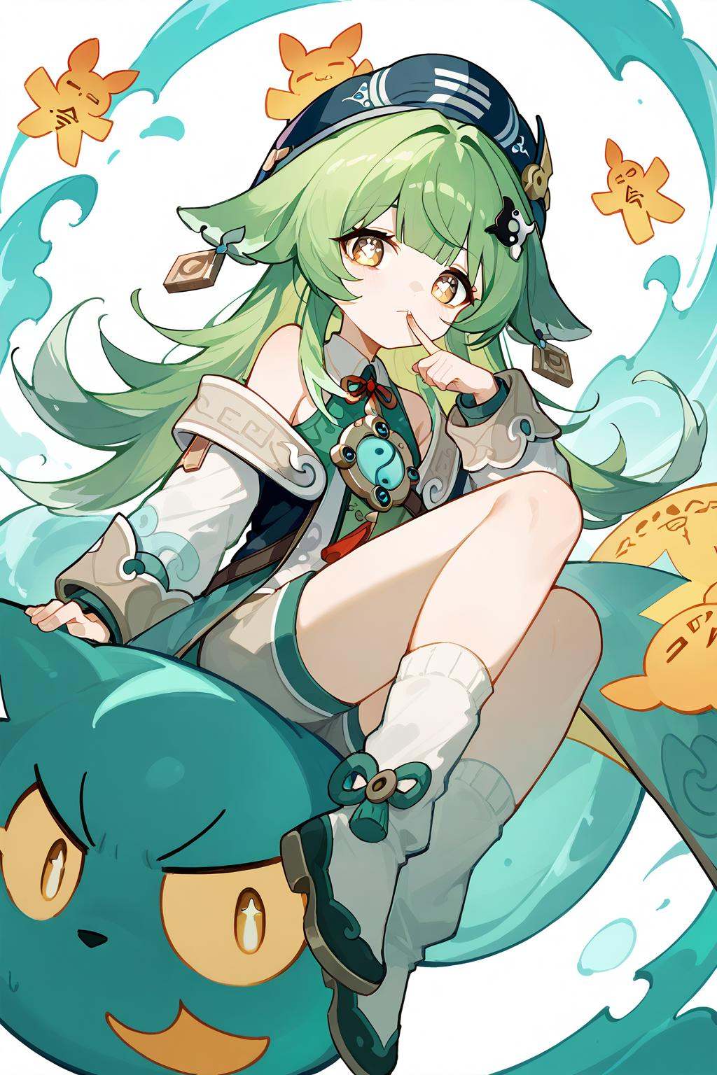 (score_9,score_8_up,score_7_up),<lora:HuoHuo(Honkai Star Rail)-v1-000006:0.8>,HuoHuo(Honkai: Star Rail),1girl,solo,green hair,yellow eyes,shorts,long hair,animal ears,bangs,bright pupils,looking at viewer,white pupils,abstract background,hat,finger to mouth,good feet,anime,NSFW,expressive,amazing quality,ultra hd 32k,