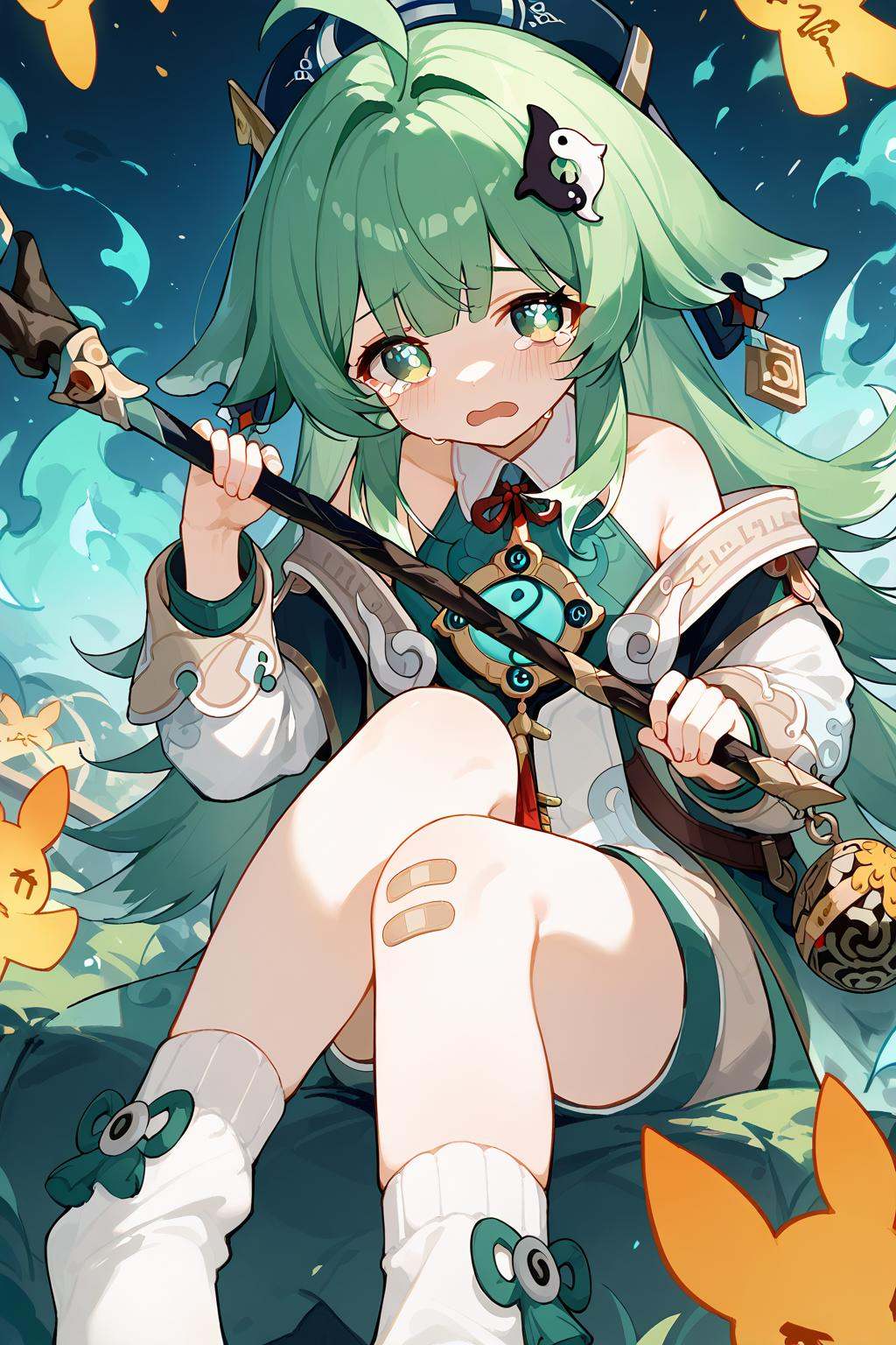 (score_9,score_8_up,score_7_up),<lora:HuoHuo(Honkai Star Rail)-v1-000008:1>,HuoHuo(Honkai: Star Rail),1girl,green hair,green eyes,solo,open mouth,holding,long hair,tears,looking at viewer,hair ornament,bandaid,crying,staff,bandaid on leg,bangs,bandaid on knee,good feet,sitting,holding staff,crying with eyes open,dress,bare shoulders,ahoge,socks,long sleeves,anime,NSFW,expressive,amazing quality,ultra hd 32k,