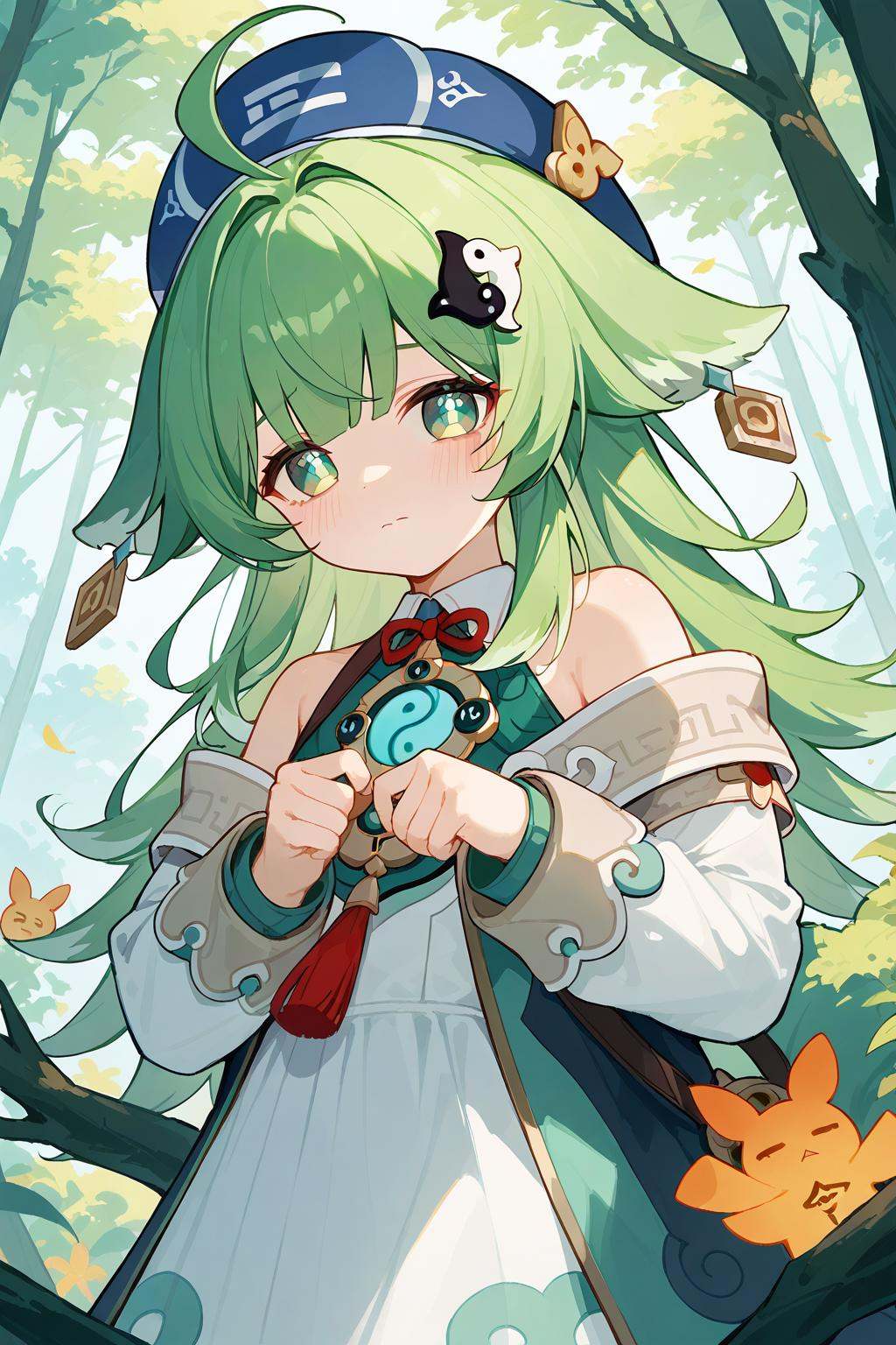(score_9,score_8_up,score_7_up),<lora:HuoHuo(Honkai Star Rail)-v1-000006:0.8>,HuoHuo(Honkai: Star Rail),1girl,solo,green hair,green eyes,hat,animal ears,looking at viewer,long hair,yellow bow,blue headwear,detached sleeves,ahoge,bangs,bow,long sleeves,blush,closed mouth,beret,upper body,dress,white dress,tree,jacket,good feet,anime,NSFW,expressive,amazing quality,ultra hd 32k,