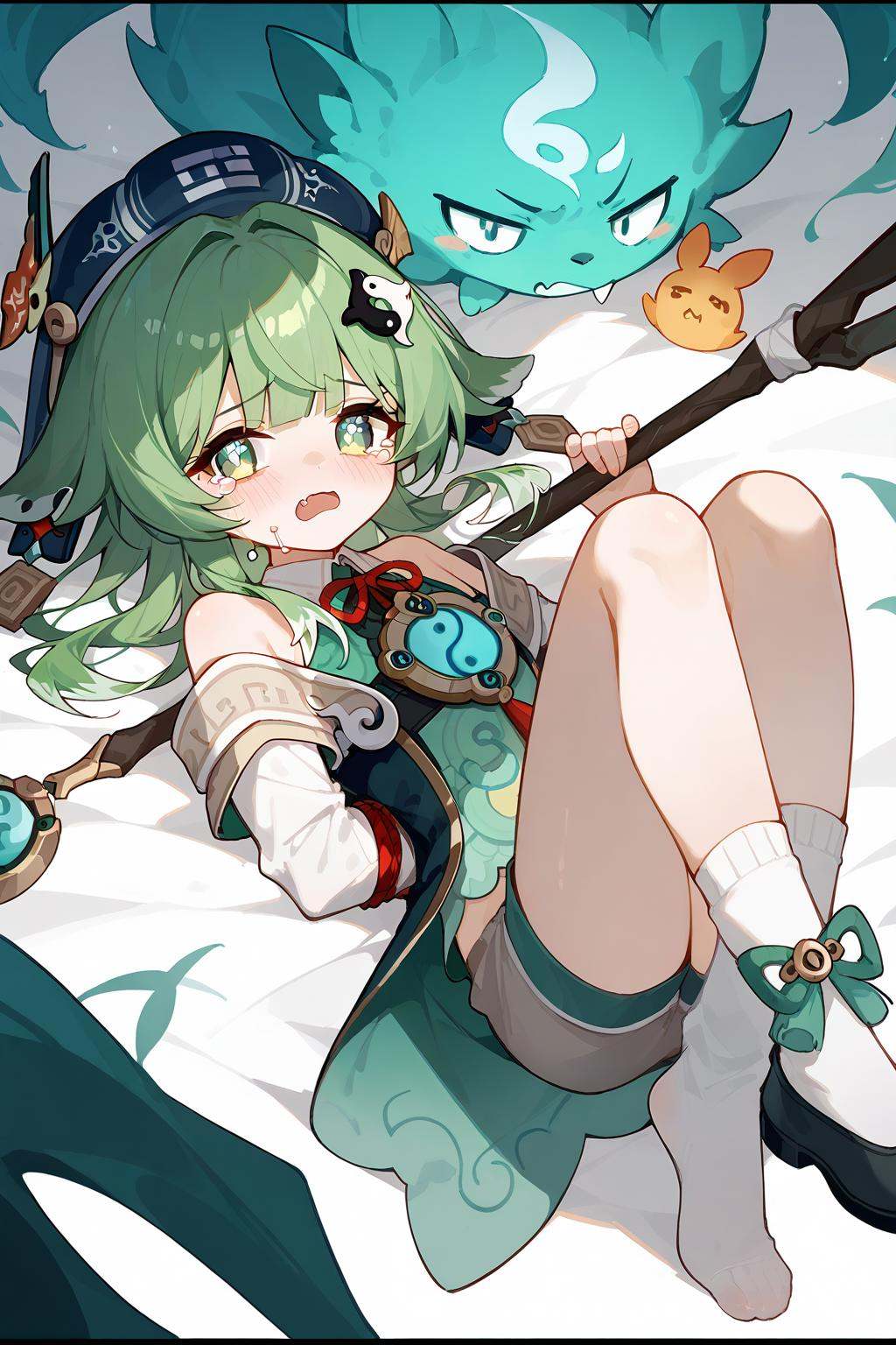 (score_9,score_8_up,score_7_up),<lora:HuoHuo(Honkai Star Rail)-v1-000006:0.8>,HuoHuo(Honkai: Star Rail),1girl,solo,green eyes,green hair,looking at viewer,open mouth,hair ornament,tears,fang,skin fang,bangs,black footwear,socks,letterboxed,shirt,shorts,bound,white socks,staff,ribbon,blush,lying,detached sleeves,crying,bound wrists,white background,long sleeves,neck ribbon,thighs,red ribbon,good feet,anime,NSFW,expressive,amazing quality,ultra hd 32k,