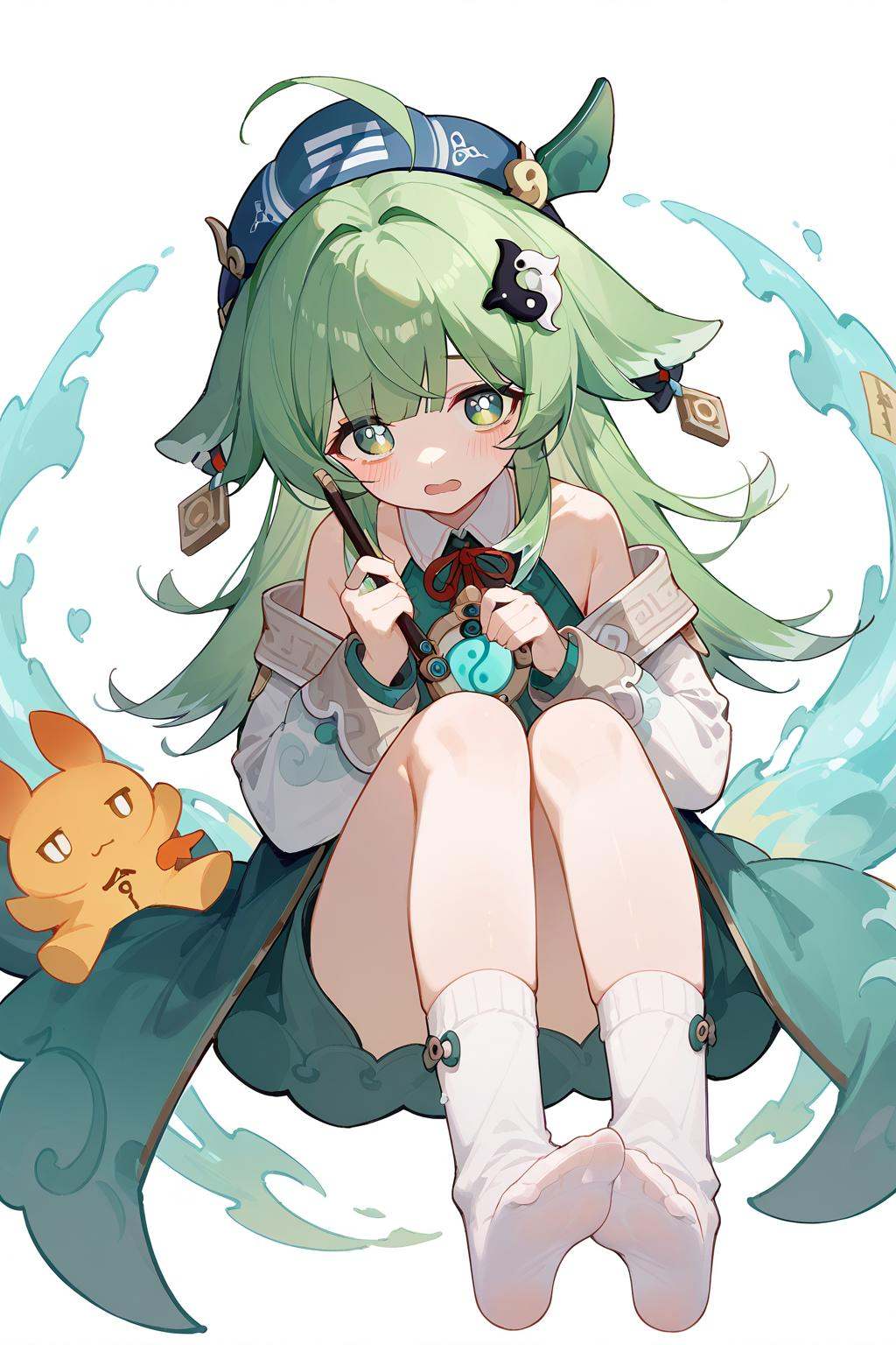 (score_9,score_8_up,score_7_up),<lora:HuoHuo(Honkai Star Rail)-v1-000006:0.8>,HuoHuo(Honkai: Star Rail),1girl,green eyes,green hair,solo,long hair,socks,white background,ahoge,blue headwear,animal ears,no shoes,hat,looking at viewer,holding,open mouth,hair ornament,white socks,ribbon,neck ribbon,blush,bangs,long sleeves,dress,red ribbon,feet,full body,bare shoulders,gohei,good feet,anime,NSFW,expressive,amazing quality,ultra hd 32k,