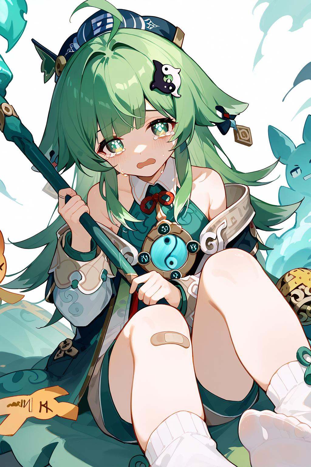 (score_9,score_8_up,score_7_up),<lora:HuoHuo(Honkai Star Rail)-v1-000008:1>,HuoHuo(Honkai: Star Rail),1girl,green hair,green eyes,solo,open mouth,holding,long hair,tears,looking at viewer,hair ornament,bandaid,crying,staff,bandaid on leg,bangs,bandaid on knee,good feet,sitting,holding staff,crying with eyes open,dress,bare shoulders,ahoge,socks,long sleeves,anime,NSFW,expressive,amazing quality,ultra hd 32k,