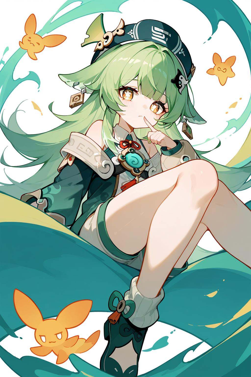 (score_9,score_8_up,score_7_up),<lora:HuoHuo(Honkai Star Rail)-v1-000006:0.6>,HuoHuo(Honkai: Star Rail),1girl,solo,green hair,yellow eyes,shorts,long hair,animal ears,bangs,bright pupils,looking at viewer,white pupils,abstract background,hat,finger to mouth,good feet,anime,NSFW,expressive,amazing quality,ultra hd 32k,