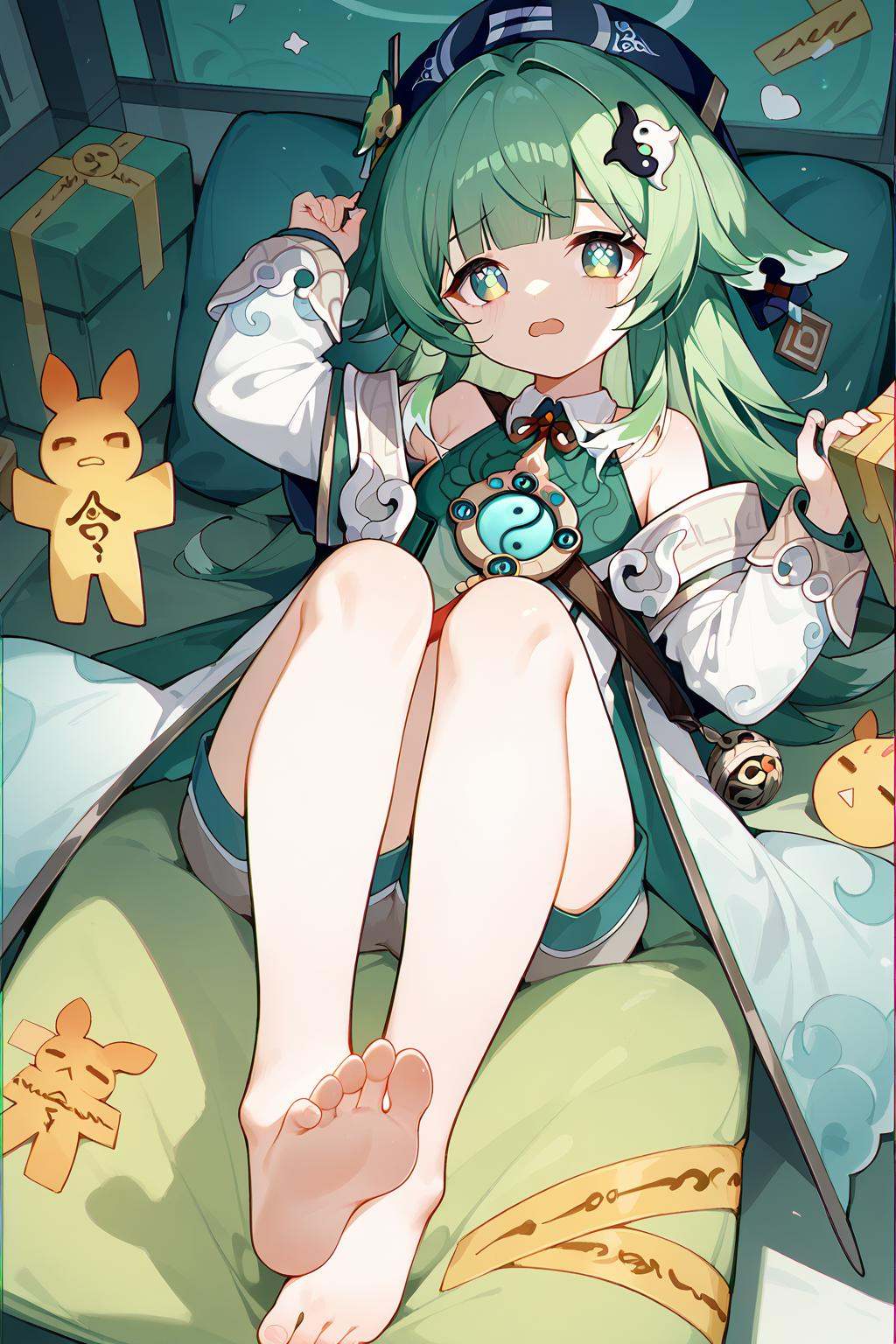 (score_9,score_8_up,score_7_up),<lora:HuoHuo(Honkai Star Rail)-v1-000008:1>,HuoHuo(Honkai: Star Rail),1girl,chromatic aberration,green eyes,barefoot,solo,green hair,long hair,animal ears,bangs,long sleeves,arm up,open mouth,jacket,off shoulder,feet,holding,box,looking at viewer,shorts,bare shoulders,white jacket,shirt,socks,toes,sleeveless,on back,open clothes,open jacket,full body,blunt bangs,indoors,lying,good feet,bare legs,anime,NSFW,expressive,amazing quality,ultra hd 32k,
