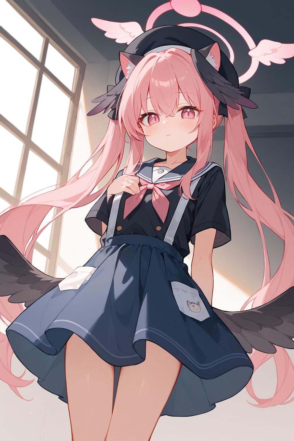 (score_9,score_8_up,score_7_up),1girl,koharu (blue archive),pink hair,head wings,wings,twintails,black wings,hat,pink eyes,halo,socks,feathered wings,black headwear,beret,long hair,winged hat,bangs,long sleeves,school uniform,low wings,1girl,animal ears,long hair,twintails,skirt,short sleeves,animal ear fluff,cat ears,looking at viewer,shirt,blush,very long hair,black shirt,bangs,ribbon,hair ribbon,apron,hair between eyes,closed mouth,cowboy shot,blue skirt,good feet,anime,NSFW,expressive,amazing quality,ultra hd 32k,