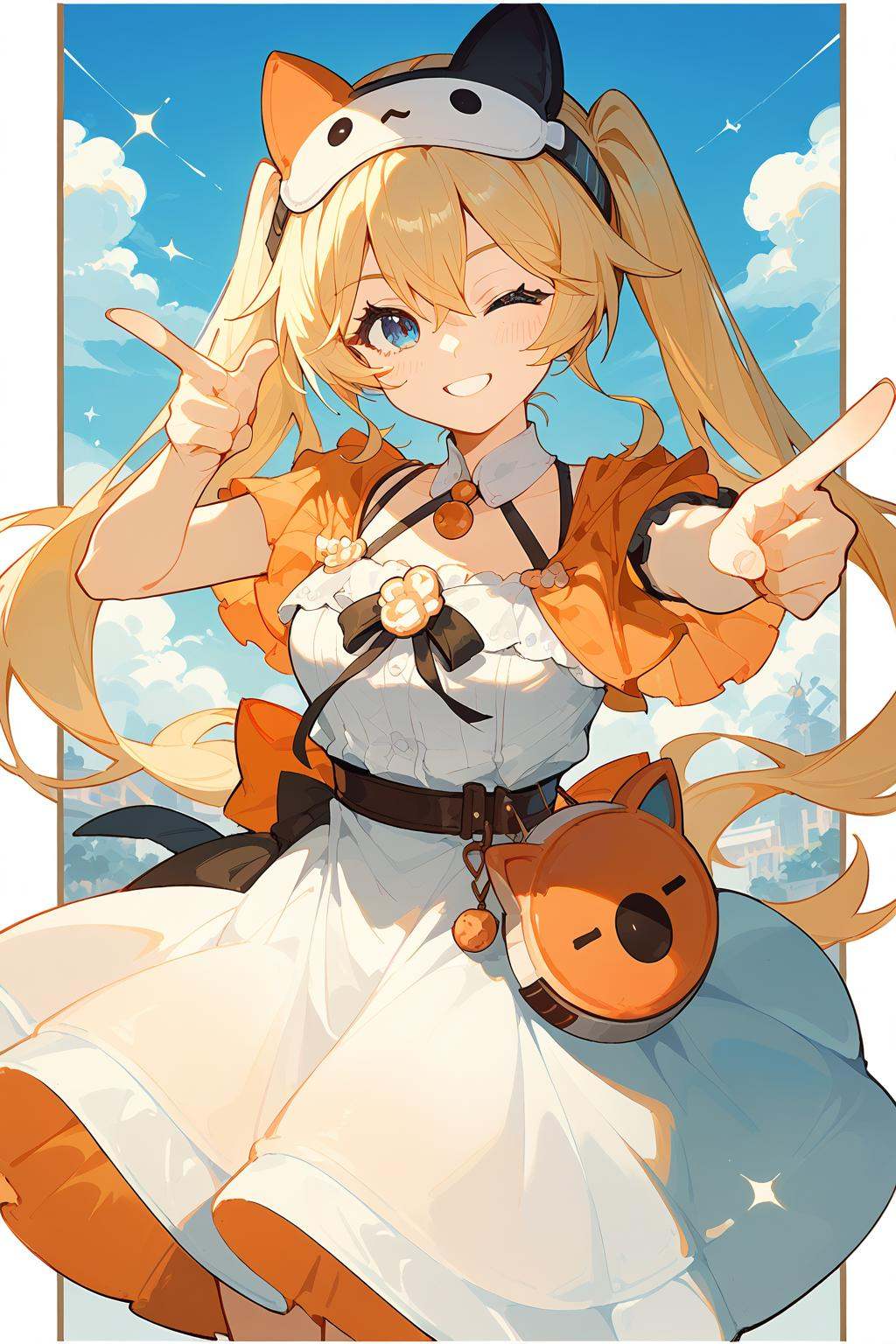 (score_9,score_8_up,score_7_up),<lora:Michele(kalabiqiu)-v1:1>,Michele(kalabiqiu),1girl,blonde hair,blue eyes,one eye closed,long hair,solo,looking at viewer,smile,bangs,closed mouth,dress,pointing at viewer,twintails,hair between eyes,pointing,short sleeves,white dress,headband,breasts,finger gun,border,hair ornament,mask,good feet,anime,NSFW,expressive,amazing quality,ultra hd 32k,