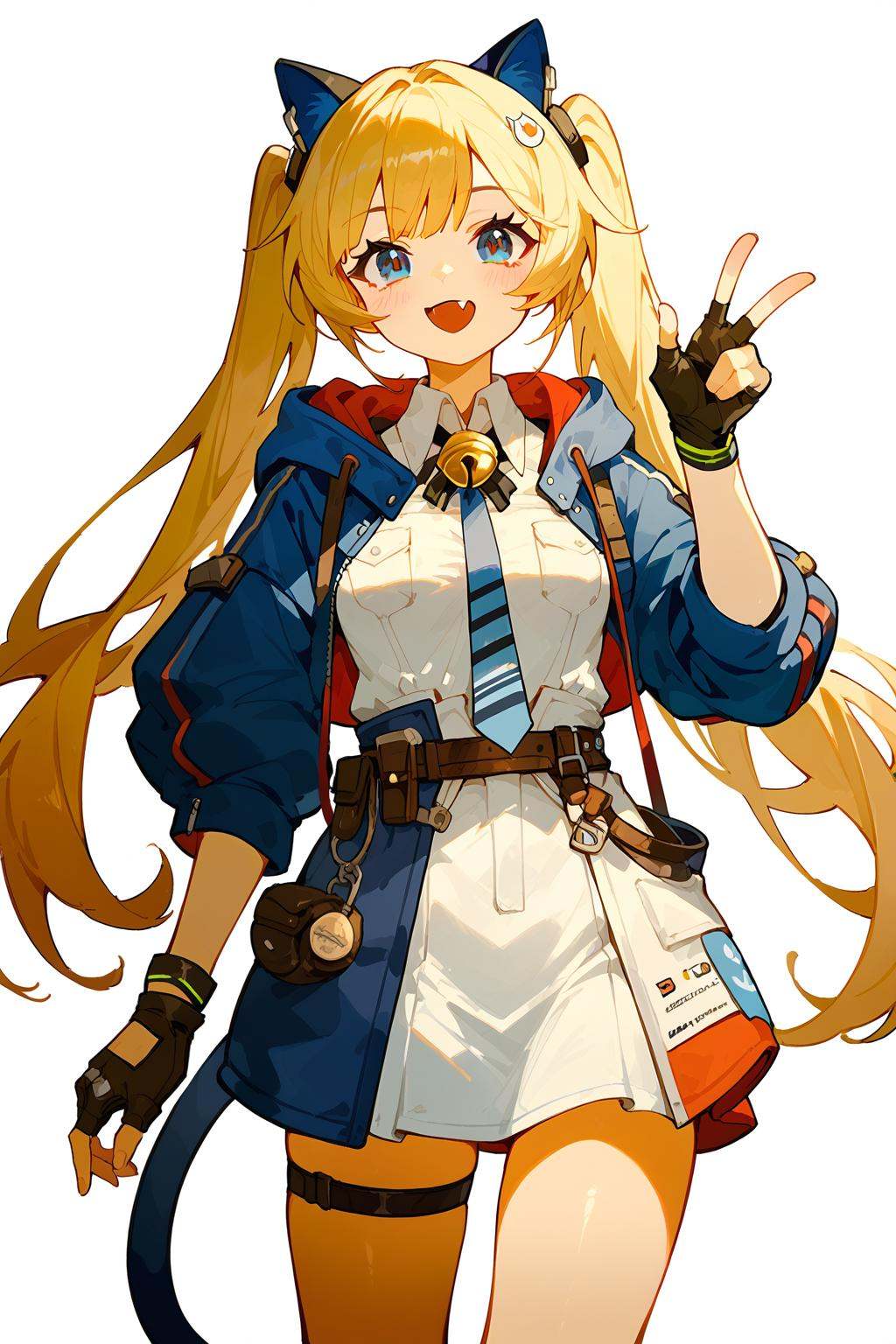 (score_9,score_8_up,score_7_up),<lora:Michele(kalabiqiu)-v1:1>,Michele(kalabiqiu),1girl,twintails,gloves,long hair,blonde hair,solo,fang,v,animal ears,necktie,white background,bell,tail,jacket,blue eyes,open mouth,fingerless gloves,cat tail,simple background,cat ears,black gloves,looking at viewer,blue jacket,blush,hand on hip,white dress,smile,dress,very long hair,breasts,bangs,pouch,cowboy shot,neck bell,medium breasts,belt,good feet,anime,NSFW,expressive,amazing quality,ultra hd 32k,