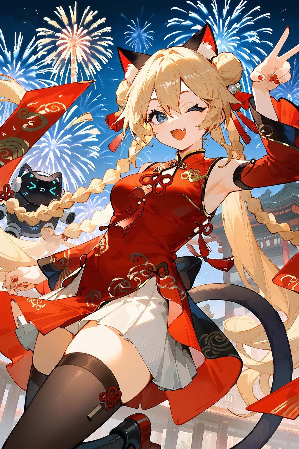 (score_9,score_8_up,score_7_up),<lora:Michele(kalabiqiu)-v1:1>,Michele(kalabiqiu),1girl,fireworks,animal ears,one eye closed,long hair,braid,breasts,blonde hair,cat ears,tail,blue eyes,armpits,smile,solo,double bun,looking at viewer,detached sleeves,hair bun,twin braids,open mouth,cat tail,red nails,nail polish,chinese new year,very long hair,dress,fang,skirt,;d,chinese clothes,clothing cutout,bangs,arm up,night,robot,pleated skirt,medium breasts,hair between eyes,thighhighs,aerial fireworks,white skirt,good feet,anime,NSFW,expressive,amazing quality,ultra hd 32k,