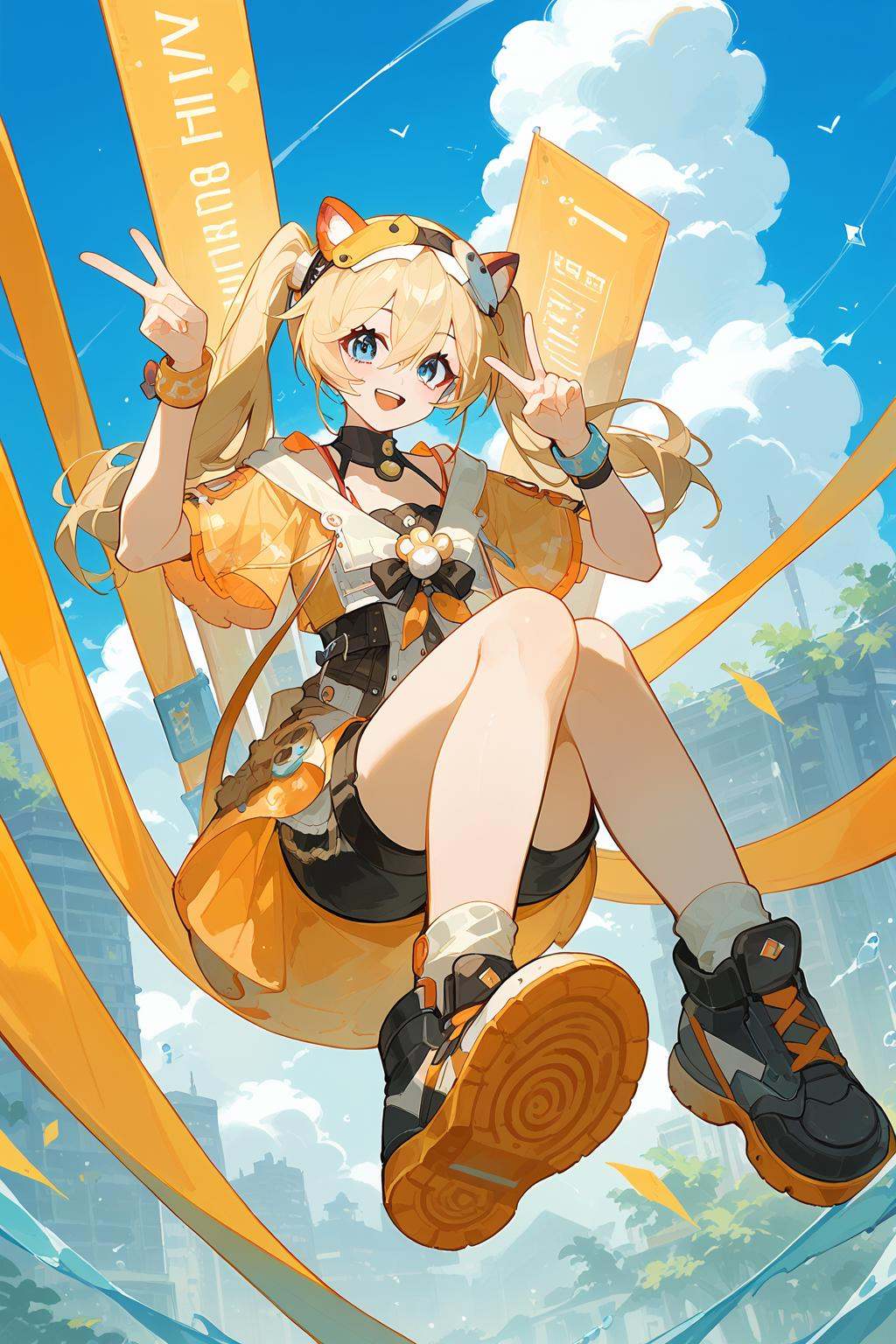 (score_9,score_8_up,score_7_up),<lora:Michele(kalabiqiu)-v1:1>,Michele(kalabiqiu),1girl,blonde hair,solo,open mouth,blue eyes,long hair,looking at viewer,smile,twintails,bangs,shorts,headband,:d,black shorts,full body,hair between eyes,good feet,anime,NSFW,expressive,amazing quality,ultra hd 32k,