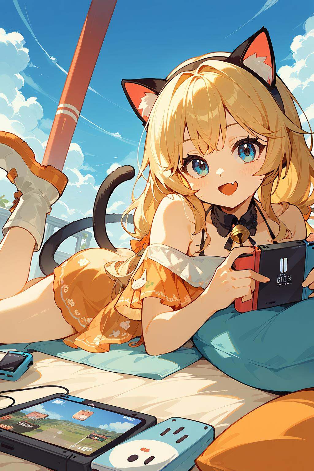 (score_9,score_8_up,score_7_up),<lora:Michele(kalabiqiu)-v1-000008:1>,Michele(kalabiqiu),1girl,blue eyes,solo,tail,lying,long hair,blonde hair,smile,on stomach,open mouth,sky,:d,cat tail,handheld game console,looking at viewer,bangs,blue sky,dress,cloud,pillow,see-through,boots,fang,holding,white footwear,holding handheld game console,virtual youtuber,nintendo switch,day,bell,good feet,anime,NSFW,expressive,amazing quality,ultra hd 32k,