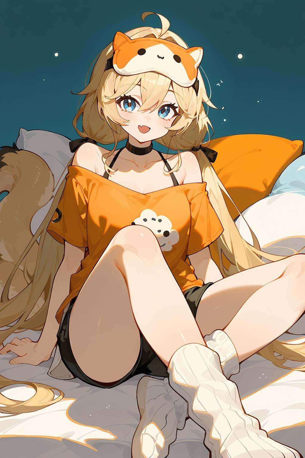 (score_9,score_8_up,score_7_up),<lora:Michele(kalabiqiu)-v1:1>,Michele(kalabiqiu),1girl,blue eyes,solo,long hair,blonde hair,twintails,shorts,sitting,smile,tail,socks,black shorts,bangs,bare shoulders,low twintails,full body,hair between eyes,shirt,looking at viewer,black choker,off shoulder,white socks,:d,very long hair,collarbone,loose socks,off-shoulder shirt,choker,fang,short sleeves,sleep mask,orange shirt,ahoge,good feet,anime,NSFW,expressive,amazing quality,ultra hd 32k,