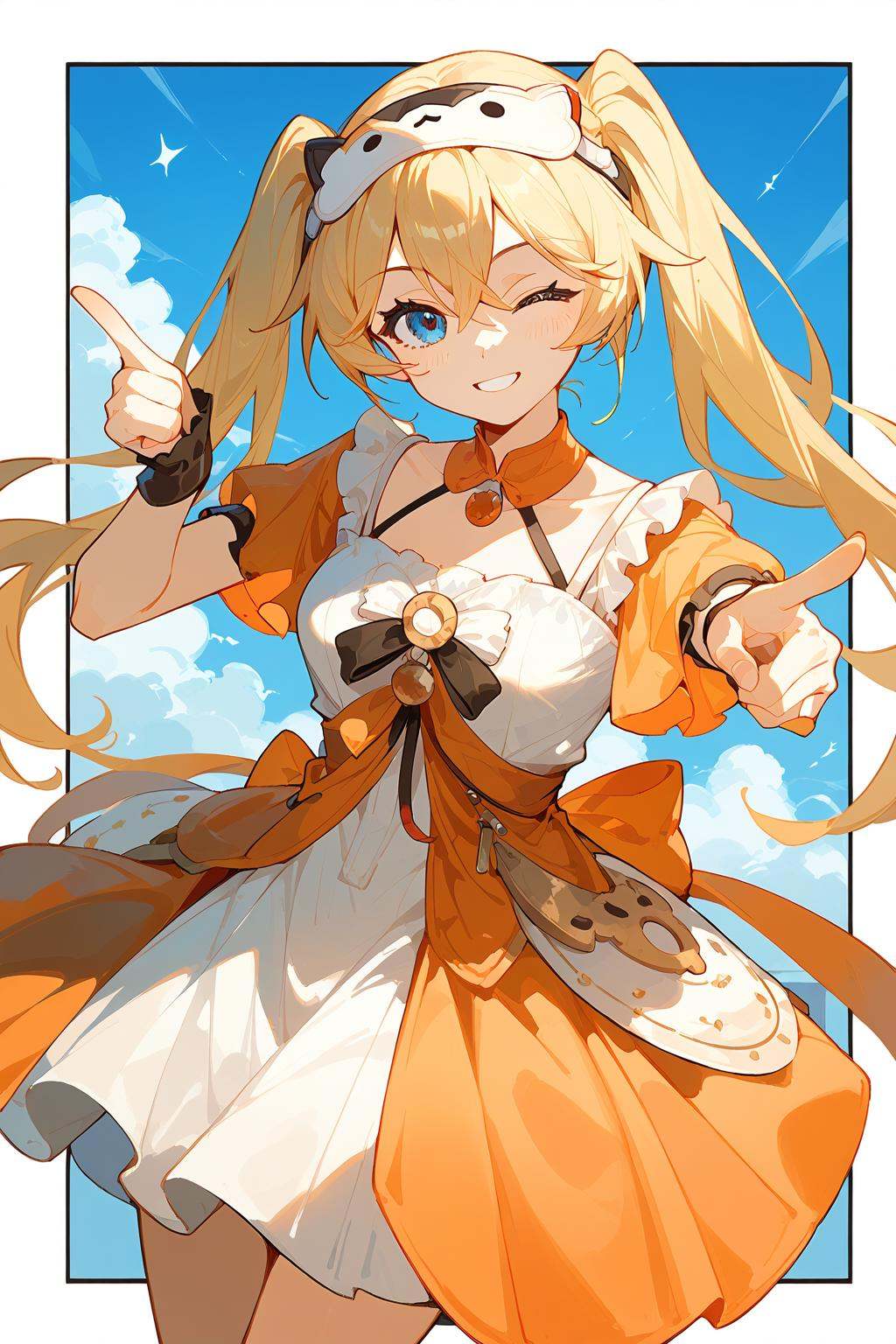 (score_9,score_8_up,score_7_up),<lora:Michele(kalabiqiu)-v1:1>,Michele(kalabiqiu),1girl,blonde hair,blue eyes,one eye closed,long hair,solo,looking at viewer,smile,bangs,closed mouth,dress,pointing at viewer,twintails,hair between eyes,pointing,short sleeves,white dress,headband,breasts,finger gun,border,hair ornament,mask,good feet,anime,NSFW,expressive,amazing quality,ultra hd 32k,