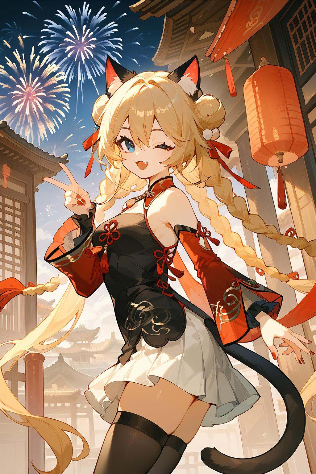 (score_9,score_8_up,score_7_up),<lora:Michele(kalabiqiu)-v1:1>,Michele(kalabiqiu),1girl,fireworks,animal ears,one eye closed,long hair,braid,breasts,blonde hair,cat ears,tail,blue eyes,smile,solo,double bun,detached sleeves,hair bun,twin braids,open mouth,cat tail,red nails,nail polish,very long hair,dress,fang,skirt,;d,chinese clothes,clothing cutout,bangs,pleated skirt,medium breasts,hair between eyes,thighhighs,white skirt,1girl,long hair,solo,looking at viewer,hair ornament,bangs,very long hair,from side,bare shoulders,small breasts,closed mouth,looking back,detached sleeves,good feet,anime,NSFW,expressive,amazing quality,ultra hd 32k,