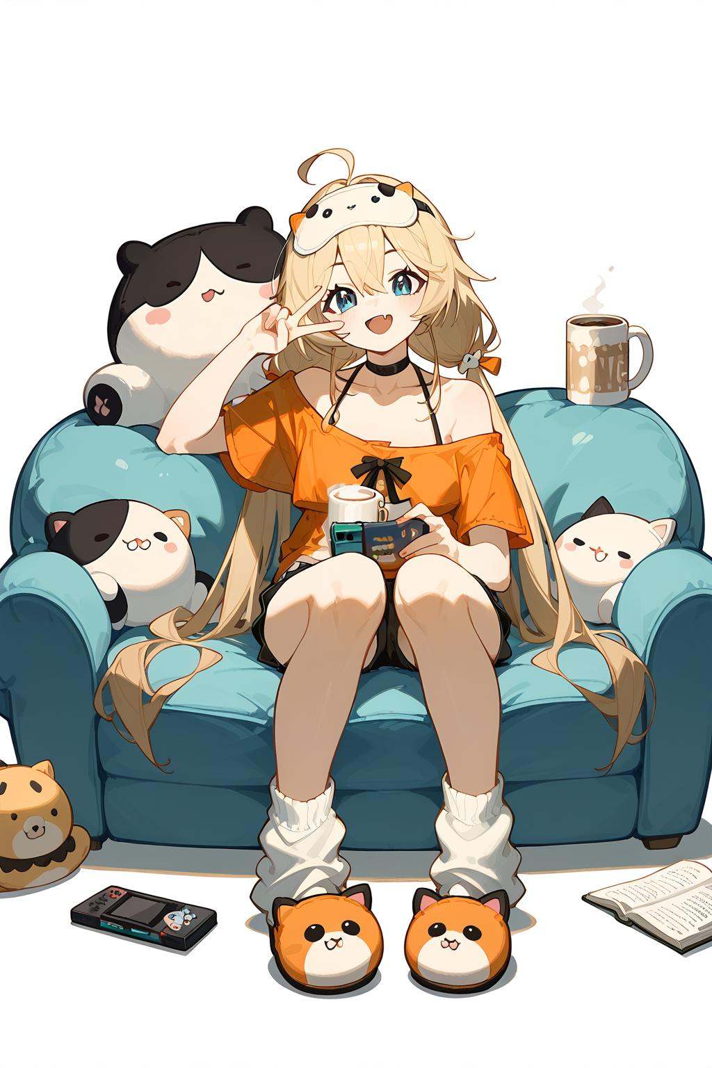 (score_9,score_8_up,score_7_up),<lora:Michele(kalabiqiu)-v1:1>,Michele(kalabiqiu),1girl,blue eyes,slippers,solo,long hair,blonde hair,white background,twintails,shorts,sitting,smile,tail,socks,simple background,open mouth,v,black shorts,bangs,bare shoulders,low twintails,book,full body,hair between eyes,cup,shirt,looking at viewer,holding,arm up,black choker,virtual youtuber,off shoulder,white socks,:d,stuffed toy,very long hair,animal slippers,bean bag chair,chair,stuffed animal,collarbone,loose socks,controller,off-shoulder shirt,choker,mug,fang,short sleeves,sleep mask,orange shirt,ahoge,white shirt,good feet,anime,NSFW,expressive,amazing quality,ultra hd 32k,