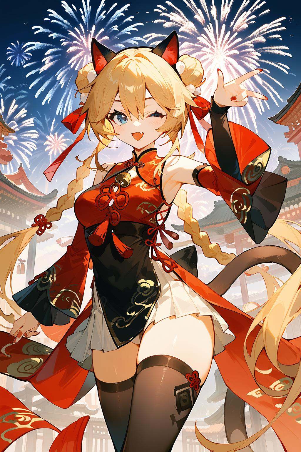 (score_9,score_8_up,score_7_up),<lora:Michele(kalabiqiu)-v1:1>,Michele(kalabiqiu),1girl,fireworks,animal ears,one eye closed,long hair,braid,breasts,blonde hair,cat ears,tail,blue eyes,armpits,smile,solo,double bun,looking at viewer,detached sleeves,hair bun,twin braids,open mouth,cat tail,red nails,nail polish,chinese new year,very long hair,dress,fang,skirt,;d,chinese clothes,clothing cutout,bangs,arm up,night,robot,pleated skirt,medium breasts,hair between eyes,thighhighs,aerial fireworks,white skirt,good feet,anime,NSFW,expressive,amazing quality,ultra hd 32k,