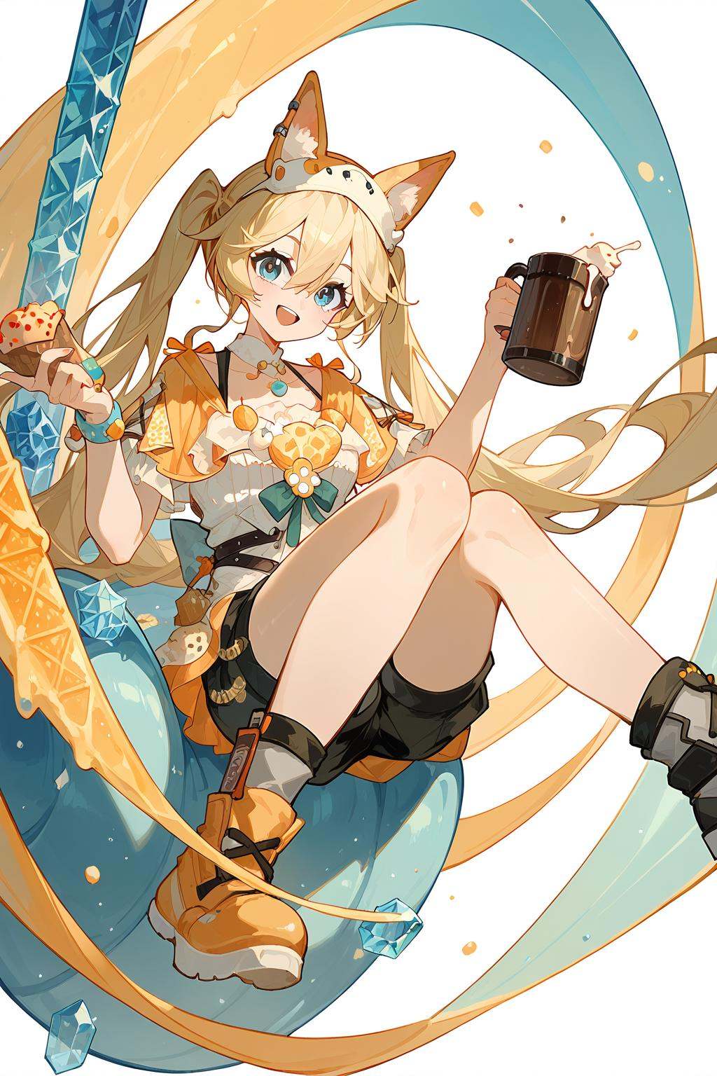 (score_9,score_8_up,score_7_up),<lora:Michele(kalabiqiu)-v1:1>,Michele(kalabiqiu),1girl,blonde hair,solo,open mouth,blue eyes,long hair,looking at viewer,smile,twintails,bangs,shorts,food,cup,headband,:d,black shorts,full body,hair between eyes,ice cream,mug,good feet,anime,NSFW,expressive,amazing quality,ultra hd 32k,