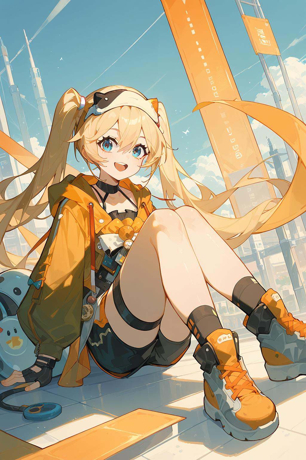 (score_9,score_8_up,score_7_up),<lora:Michele(kalabiqiu)-v1:1>,Michele(kalabiqiu),1girl,blonde hair,solo,open mouth,blue eyes,long hair,looking at viewer,smile,twintails,bangs,shorts,headband,:d,black shorts,full body,hair between eyes,good feet,anime,NSFW,expressive,amazing quality,ultra hd 32k,