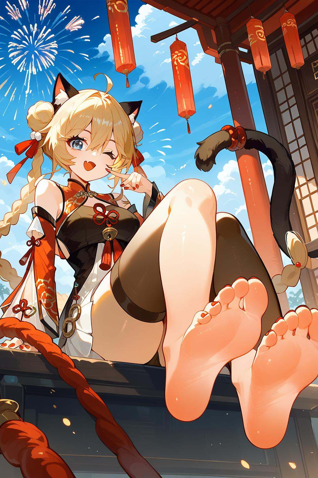 (score_9,score_8_up,score_7_up),<lora:Michele(kalabiqiu)-v1:1>,Michele(kalabiqiu),1girl,fireworks,animal ears,one eye closed,long hair,braid,breasts,blonde hair,cat ears,tail,blue eyes,smile,solo,double bun,detached sleeves,hair bun,twin braids,open mouth,cat tail,red nails,nail polish,very long hair,dress,fang,skirt,;d,chinese clothes,clothing cutout,bangs,pleated skirt,medium breasts,hair between eyes,thighhighs,white skirt,solo,soles,horns,barefoot,feet,toes,holding,foot focus,sky,sitting,open mouth,smile,cloud,looking at viewer,outdoors,ahoge,braid,day,blue sky,detached sleeves,underwear,bangs,tail,:d,foreshortening,very long hair,long sleeves,good feet,anime,NSFW,expressive,amazing quality,ultra hd 32k,