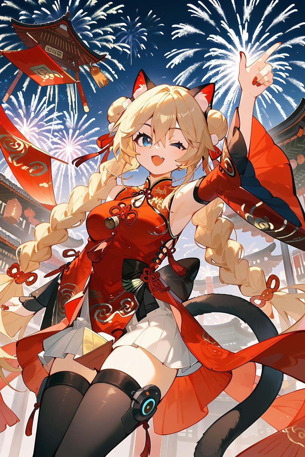 (score_9,score_8_up,score_7_up),<lora:Michele(kalabiqiu)-v1:1>,Michele(kalabiqiu),1girl,fireworks,animal ears,one eye closed,long hair,braid,breasts,blonde hair,cat ears,tail,blue eyes,armpits,smile,solo,double bun,looking at viewer,detached sleeves,hair bun,twin braids,open mouth,cat tail,red nails,nail polish,chinese new year,very long hair,dress,fang,skirt,;d,chinese clothes,clothing cutout,bangs,arm up,night,robot,pleated skirt,medium breasts,hair between eyes,thighhighs,aerial fireworks,white skirt,good feet,anime,NSFW,expressive,amazing quality,ultra hd 32k,