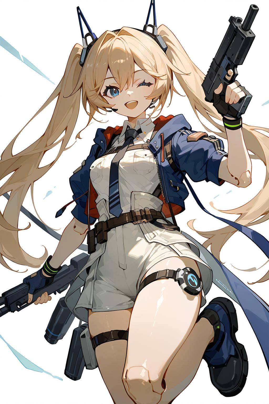 (score_9,score_8_up,score_7_up),<lora:Michele(kalabiqiu)-v1:1>,Michele(kalabiqiu),1girl,one eye closed,weapon,gloves,gun,blue eyes,long hair,twintails,solo,jacket,smile,white background,holding,shirt,blue jacket,holding weapon,white shirt,simple background,necktie,boots,holding gun,open mouth,fingerless gloves,black gloves,short sleeves,;d,open jacket,very long hair,open clothes,shorts,looking at viewer,breasts,black footwear,blonde hair,bangs,cropped jacket,thigh strap,collared shirt,hair between eyes,standing on one leg,belt,upper teeth only,black necktie,light brown hair,white shorts,medium breasts,pouch,standing,leg up,robot,teeth,trigger discipline,good feet,anime,NSFW,expressive,amazing quality,ultra hd 32k,
