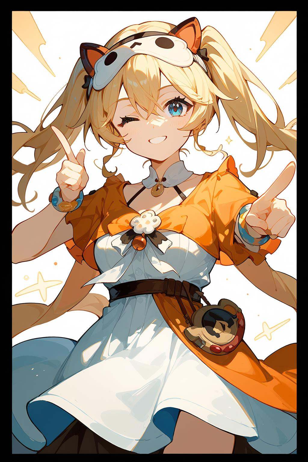 (score_9,score_8_up,score_7_up),<lora:Michele(kalabiqiu)-v1:1>,Michele(kalabiqiu),1girl,blonde hair,blue eyes,one eye closed,long hair,solo,looking at viewer,smile,bangs,closed mouth,dress,pointing at viewer,twintails,hair between eyes,pointing,short sleeves,white dress,headband,breasts,finger gun,border,hair ornament,mask,good feet,anime,NSFW,expressive,amazing quality,ultra hd 32k,