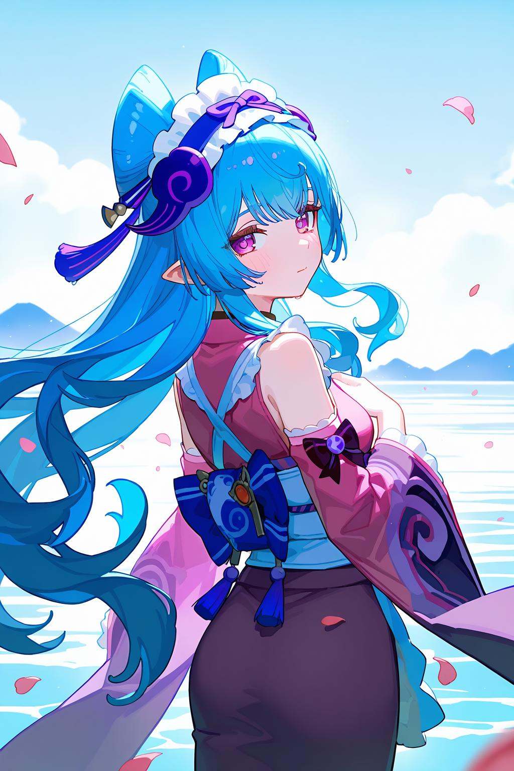 [artist:ningen_mame],artist:ciloranko,<lora:Yumemizuki Mizuki(genshin impact)-000008:0.8>,Yumemizuki Mizuki(genshin impact), 1girl, solo, long hair, horns, water, maid headdress, very long hair, blue hair, from behind, detached sleeves, looking at viewer, petals, pointy ears, long sleeves, bangs, japanese clothes, bare shoulders, kimono, bow, purple eyes, closed mouth, sash, obi, wide sleeves, sky, sleeveless kimono